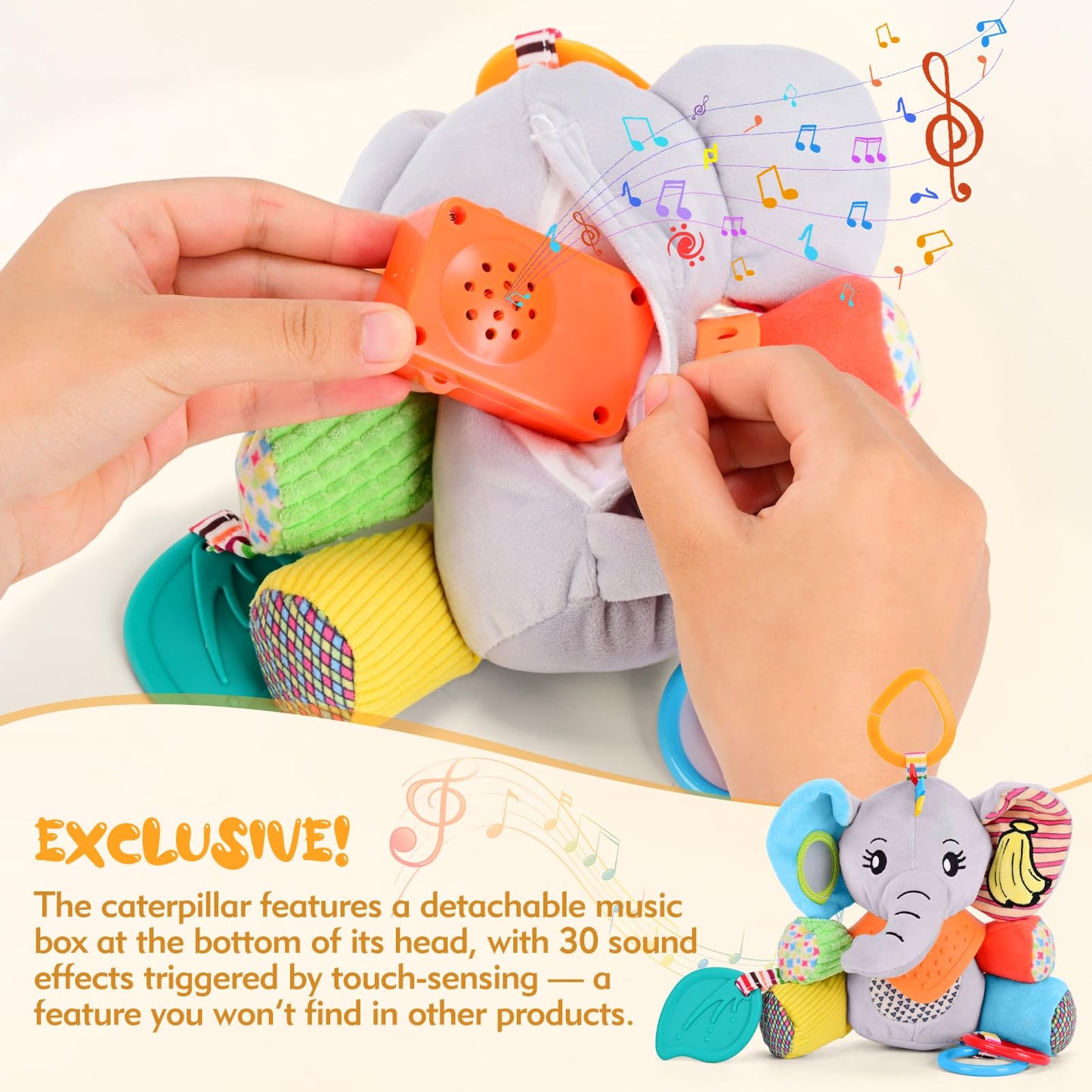 Baby Toys 0-12 Months Elephant with Detachable Touch-Sensitive Sound Box, 30 Sounds, Removable Bib, Teether, Rattle, BB Squeaker, Mirror for Strollers, Car Seats, Carriers