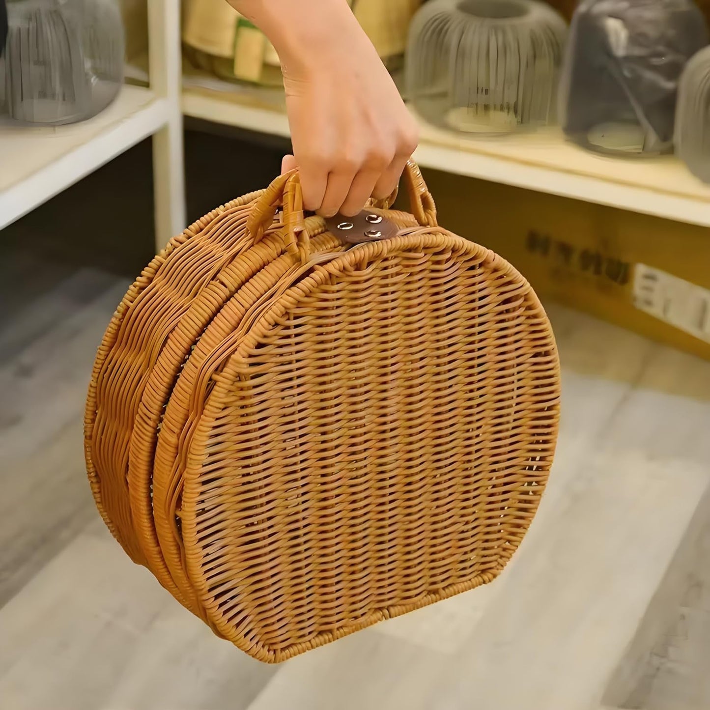 Vintage Rattan Basket, Round Woven Picnic Basket Purse with Handle Small Suitcase Retro Weaving Vine Weaving Carrying Case Gift Box for Beach, Travel & Daily Use. (M)