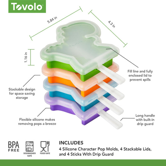 Tovolo Dinosaur Popsicle Molds for Kids Pack of 4 Dino Ice Pop Molds with Sticks, Stackable Popsicle Molds or Toddlers, BPA Free Silicone Fun Frozen Ice Popsicle Molds with Drip Guards