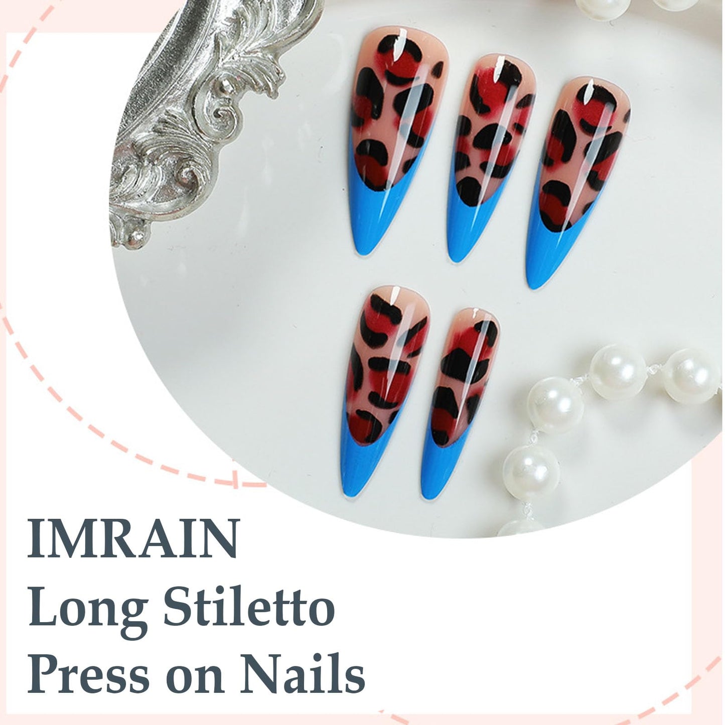 IMRAIN Press on Nails Long Stiletto Fake Nails Brown Leopard Print Acrylic False Nails with Blue French Nail Tips Designs Full Cover Glossy Acrylic Glue on Nails 24Pcs