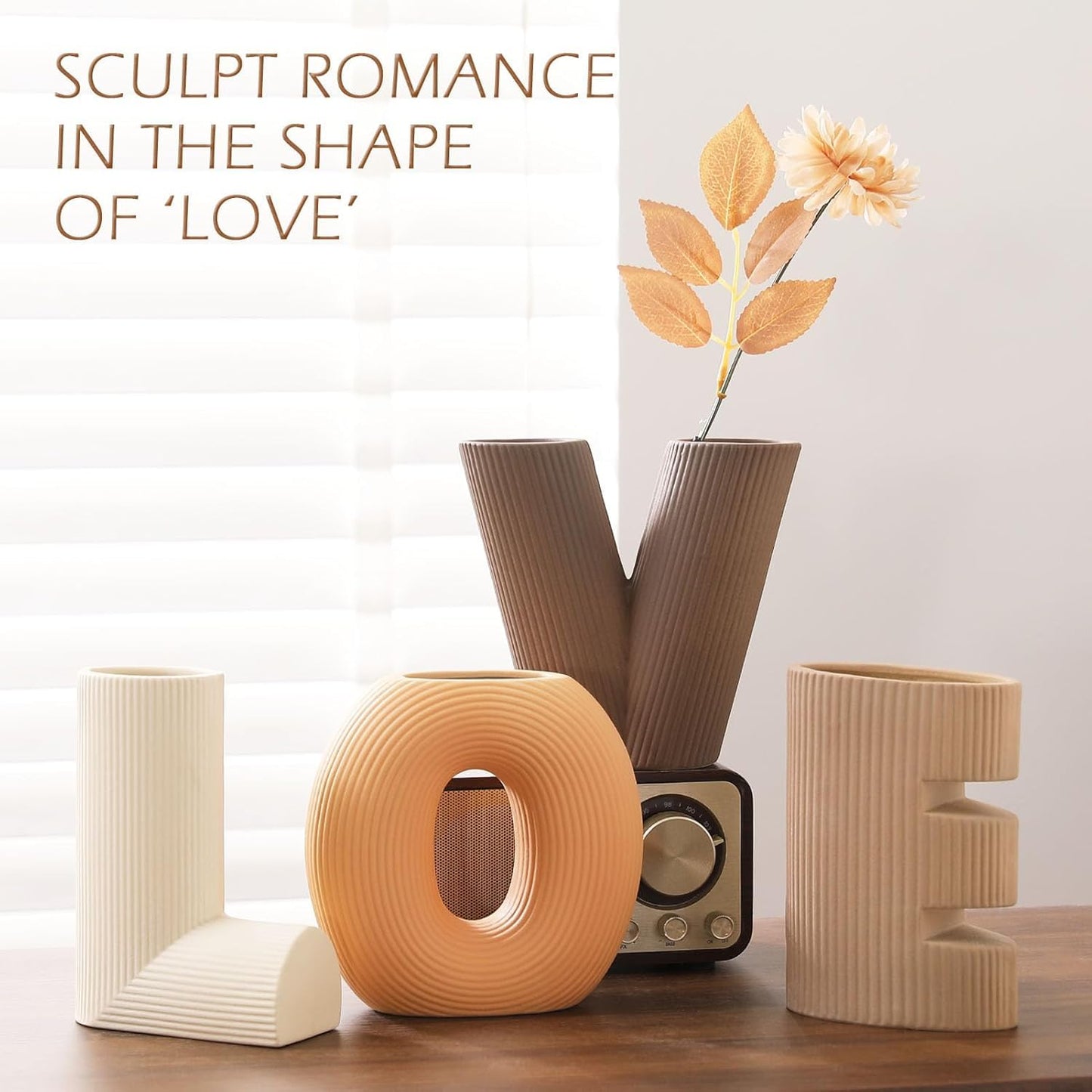 KingZiYu Modern Ceramic Vase Set of 4, Love Letter Shaped Decorative Vases, Neutral Boho Home Decor for Table Centerpiece, Living Room, Bedroom, Wedding, Gift (Khaki, Dark Brown, Orange, Beige)