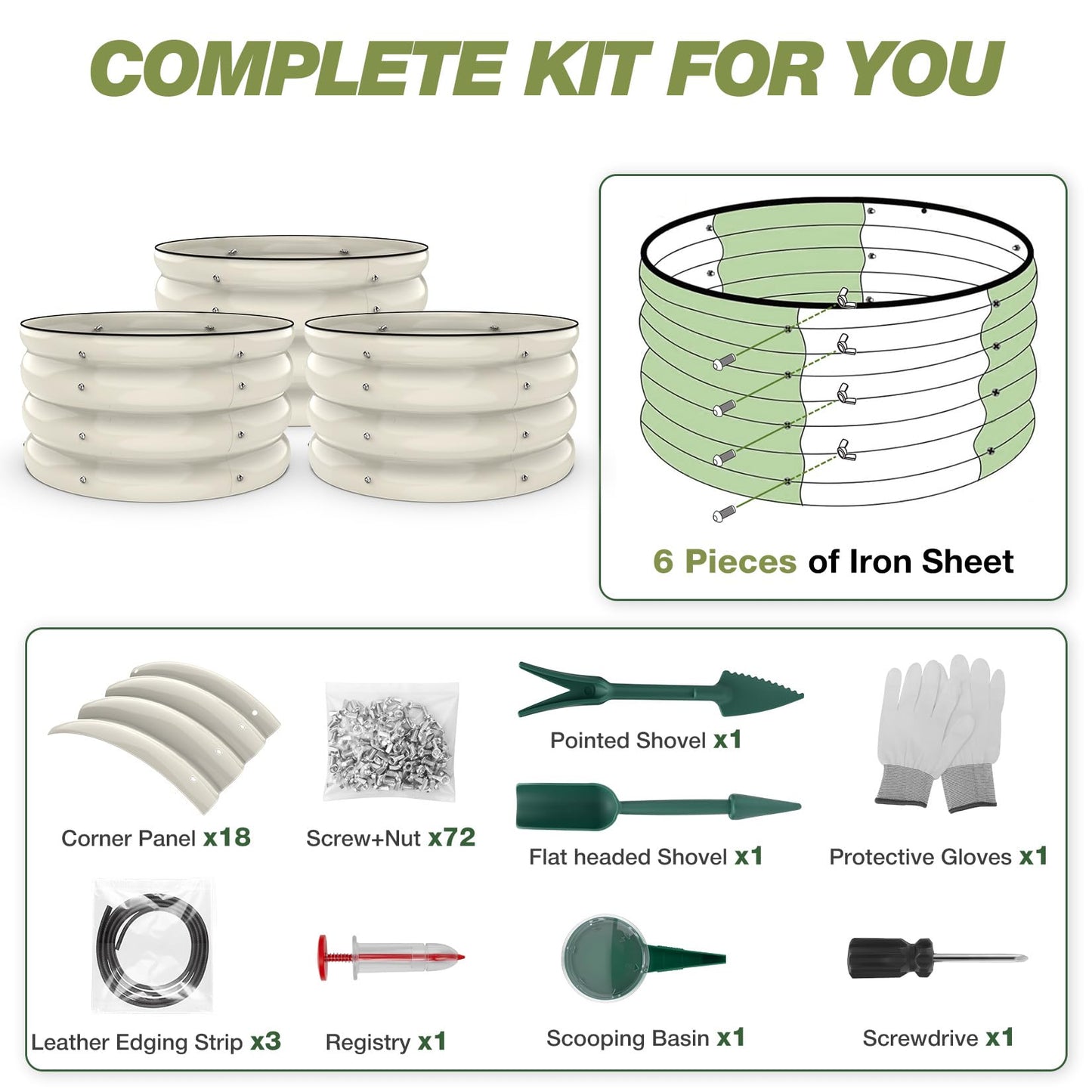 SHALL 8PC Galvanized Raised Garden Bed Kit, 3Pc 2x2x1ft Round Planter Boxes Outdoor W/Mini Seed Spreader, Disk Seeder, 2X Seeding Transplanters, Protective Gloves for Flowers Fruits Vegetables Herbs