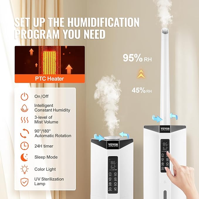VEVOR Commercial Humidifier, 2.4 Gal/9L 2-In-1 Cool/Warm Mist, Industrial Air Vaporizer for Room Up To 430.6 Sq Ft,Top Refill Humidifier w/Auto Rotary Spray for Whole House,Greenhouse, Plant