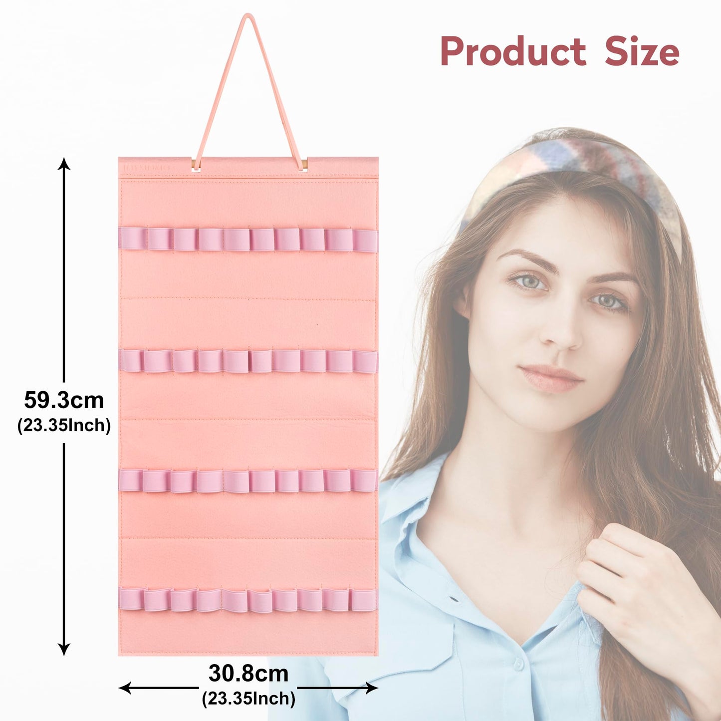JOYMOMO Hanging Headband Holder for Girls, Felt Headband Organizer with 40 Slots (Pink)