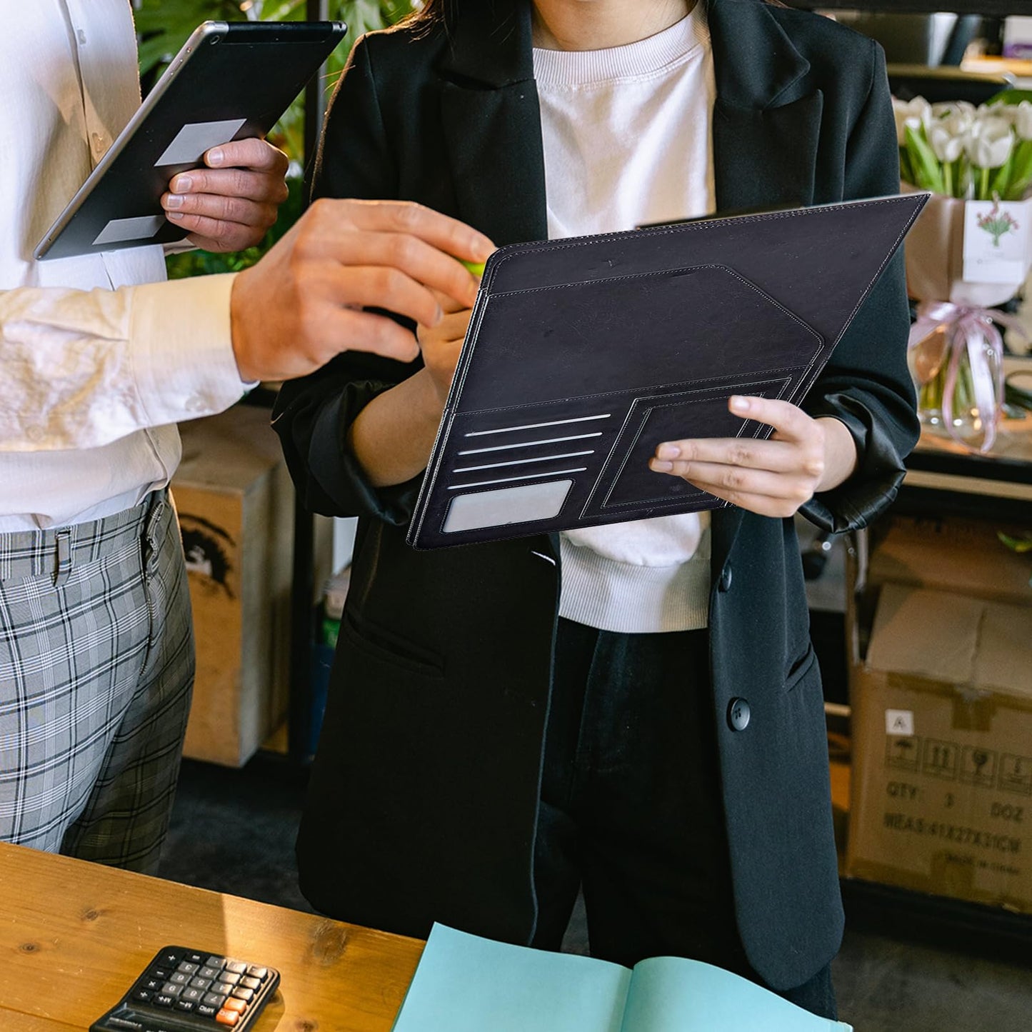 DIGTIALL Padfolio Folder with Clipboard,Portfolios Organizer Clipboards with Storage Clipboard Writing Pad PU Leather Conference Document Organizer with Business Card Holder,Cherry Blossom