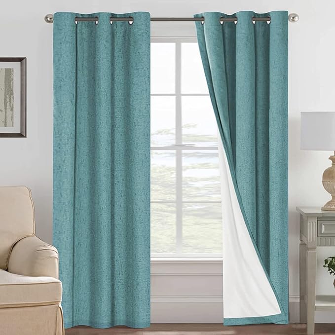 H.VERSAILTEX Primitive Linen Curtains 100% Blackout Curtain Drapes Burlap Fabric Curtains with White Thermal Insulated Liner, Grommet Top Drapes Living Room/Bedroom (2 Panels, 42 x 84 Inch, Teal)