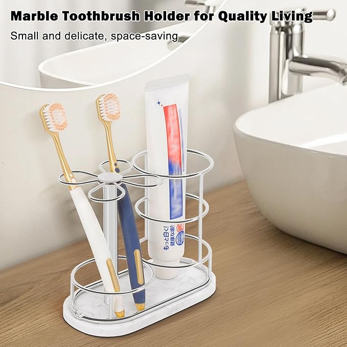 HarJue Toothbrush Holder Stand for Bathroom, Metal Toothbrush Organizer with Marble Base, Toothbrush Storage Collection for Family, Suitable for Home Hotel Countertop Vanity (Medium, Chrome Finish)