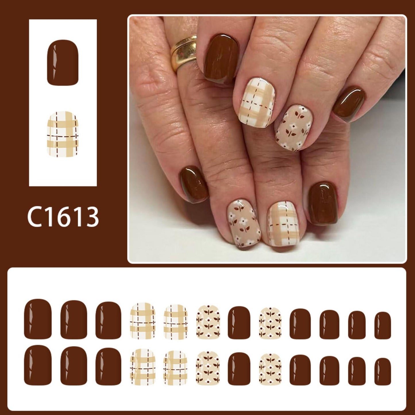 Short Square Press on Nails Rich Coffee Brown Creamy Beige Base Plaid Speckled Motifs Glossy Finish Casual Manicure Stick on Nails Suitable for Elegant Unique Artificial Nails Stylish Charming 24 Pcs