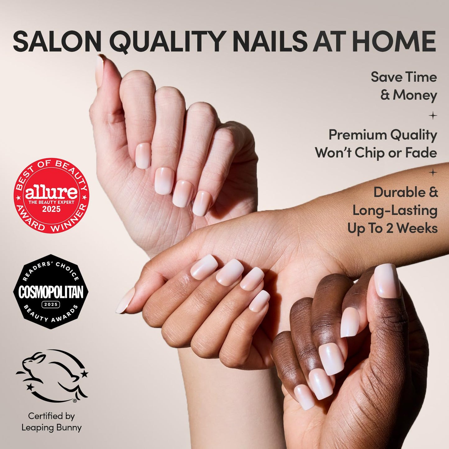 Glamnetic Press On Nails - Sugar Veil | Glazed Short Squoval Nude Fake Nails with Ombré, Salon Quality Neutral Nails | 15 Sizes - 30 Nail Kit with Glue