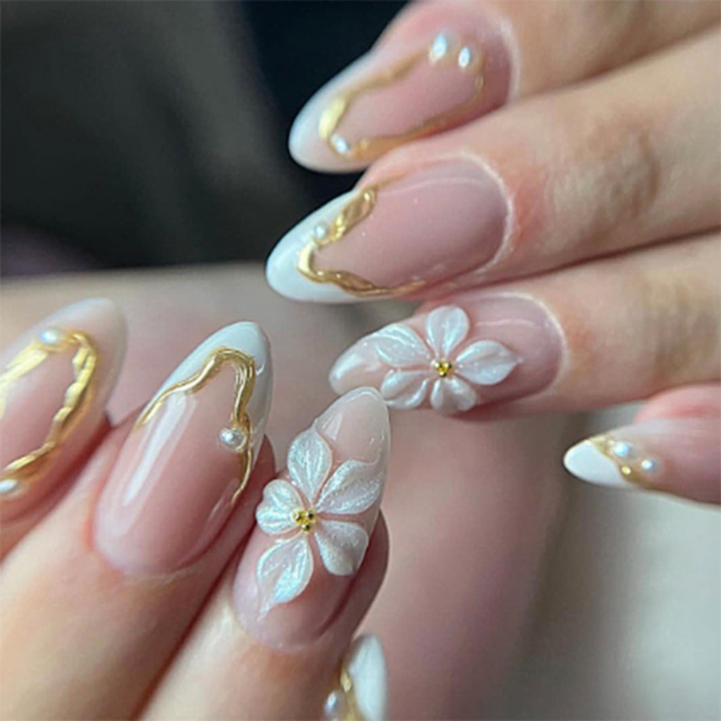 Almond Press on Nails Medium Fake Nails French Artificial Nail White Flowers and Gold Charm Stick on Nail for Women 24pcs