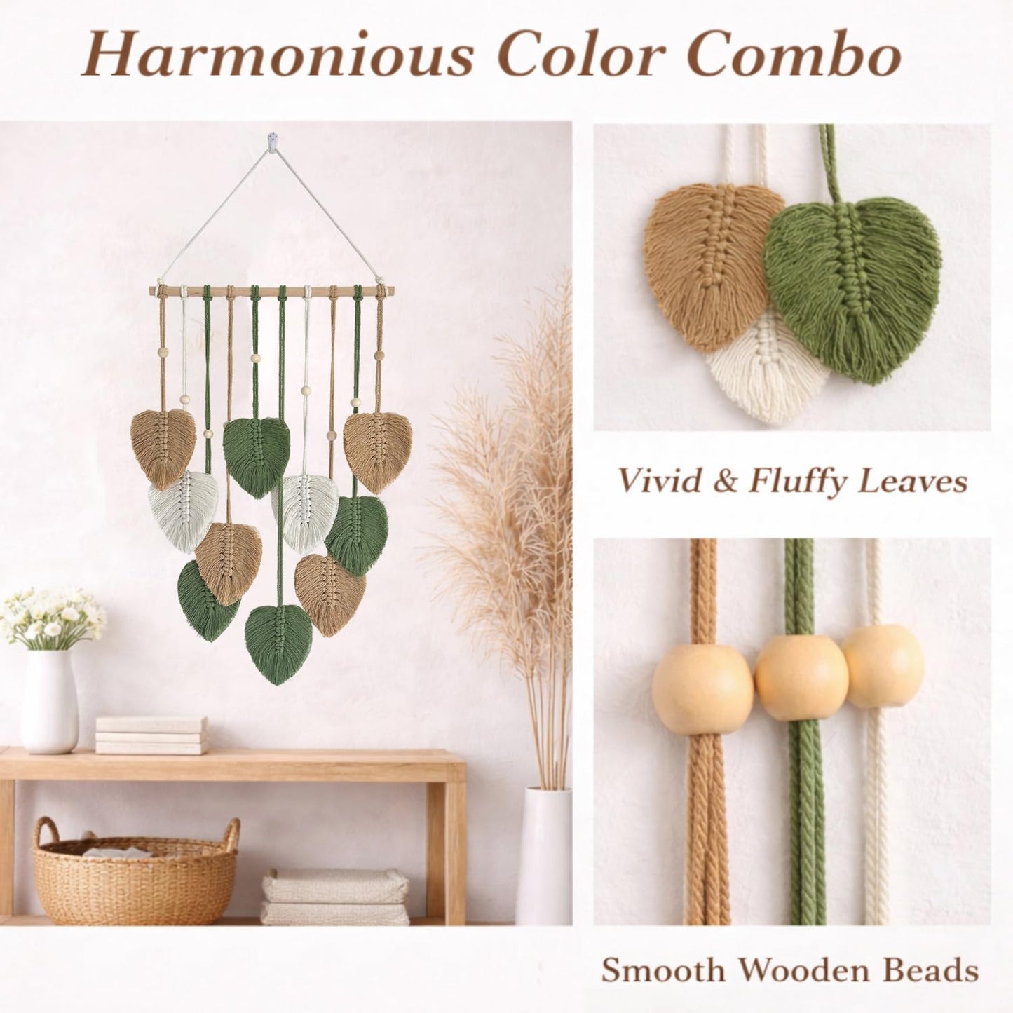 TUDRUKU 15.7x36 Inch Macrame Wall Hanging Nursery Decor Leaves Woven Tapestry Feather Handmade Yarn Tassels Boho Wall Decor for Bedroom Living Room Apartment Home Backdrop (Green)
