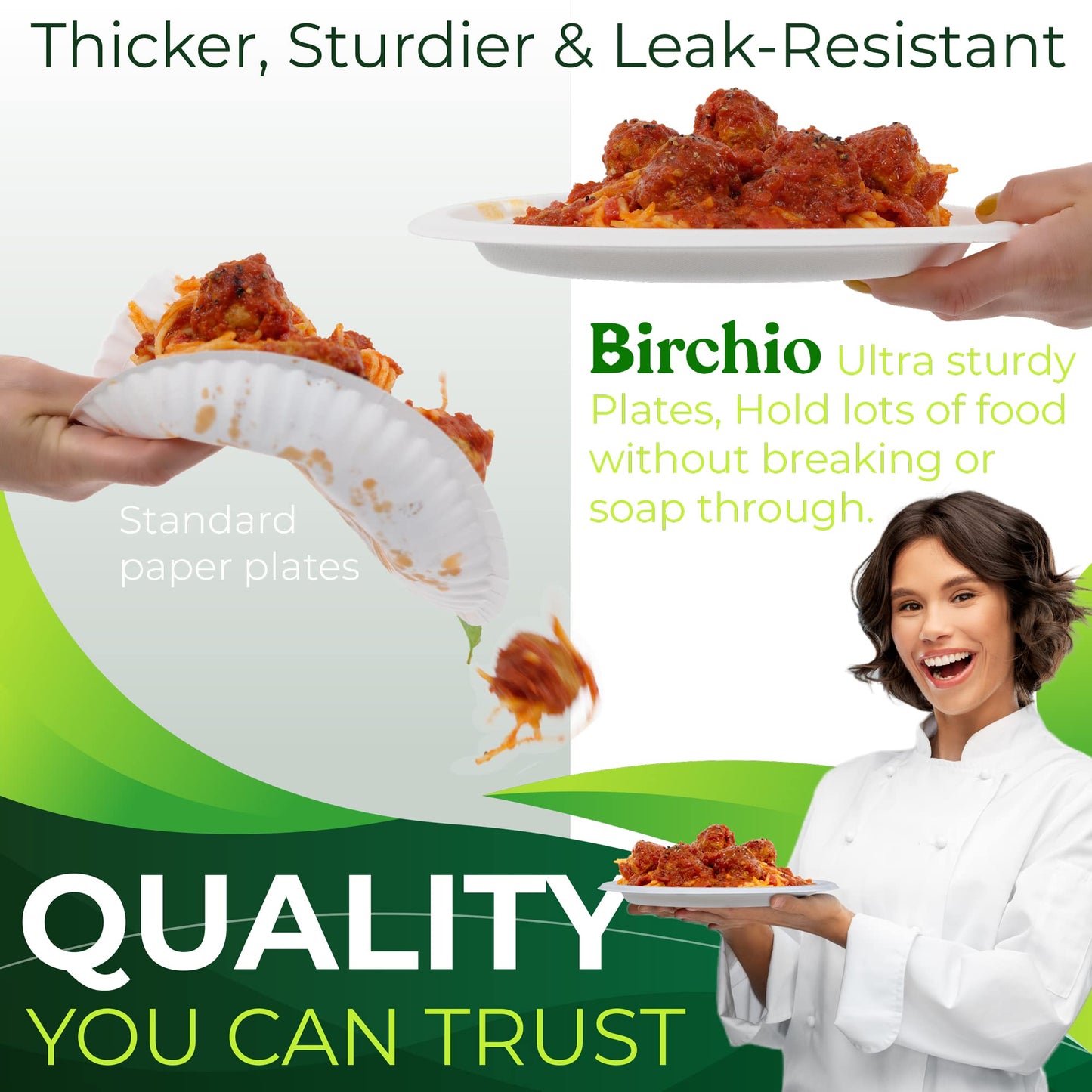 BIRCHIO 150-Piece 100% Compostable 10in Paper Plates, 3-Compartment Heavy Duty Disposable Eco-Friendly Biodegradable Sugarcane Fiber Plates