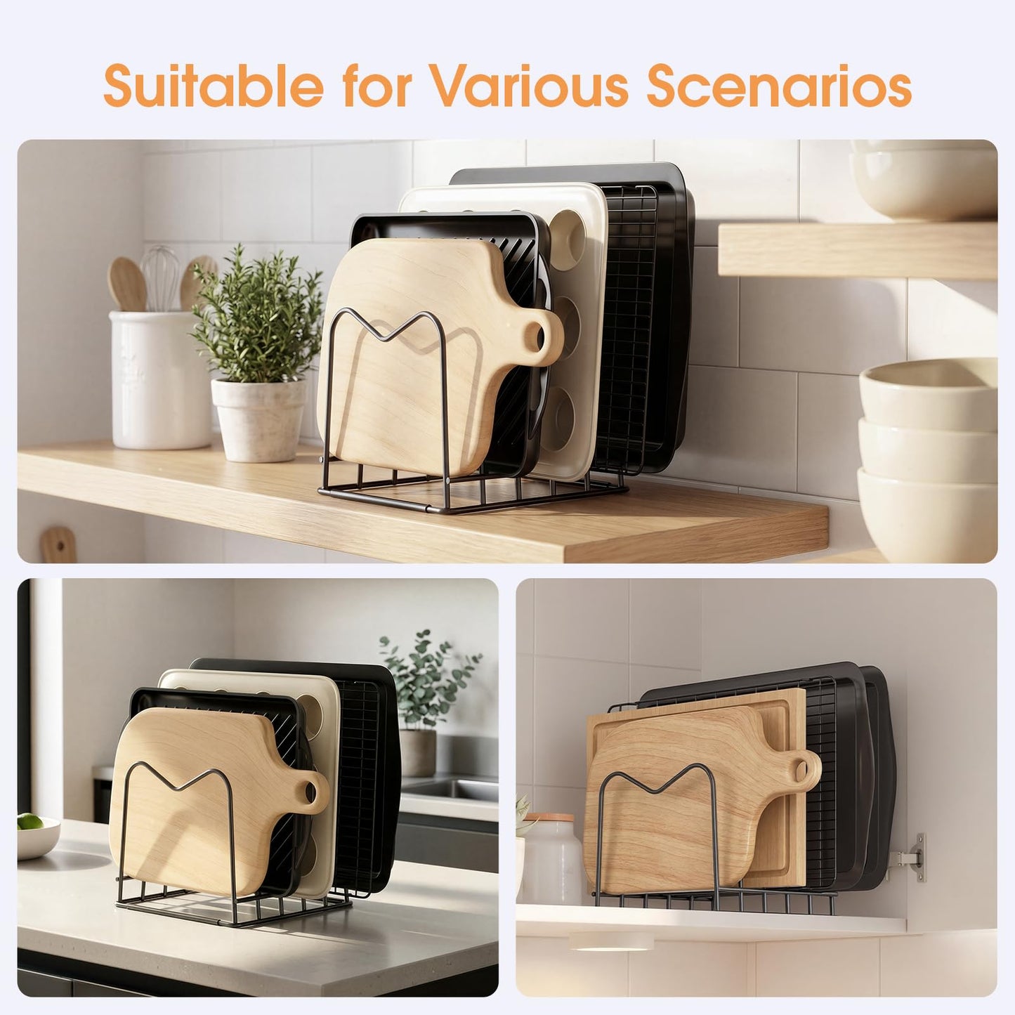 ORDORA Cutting Board Holder Stand Rack Organizer for Cabinet, 5mm Wire Storage Rack for Countertop, Baking Cookie Sheet Pan Organizer inside Cabinet, Chopping Board Holder for Pots, Lids and Skillets