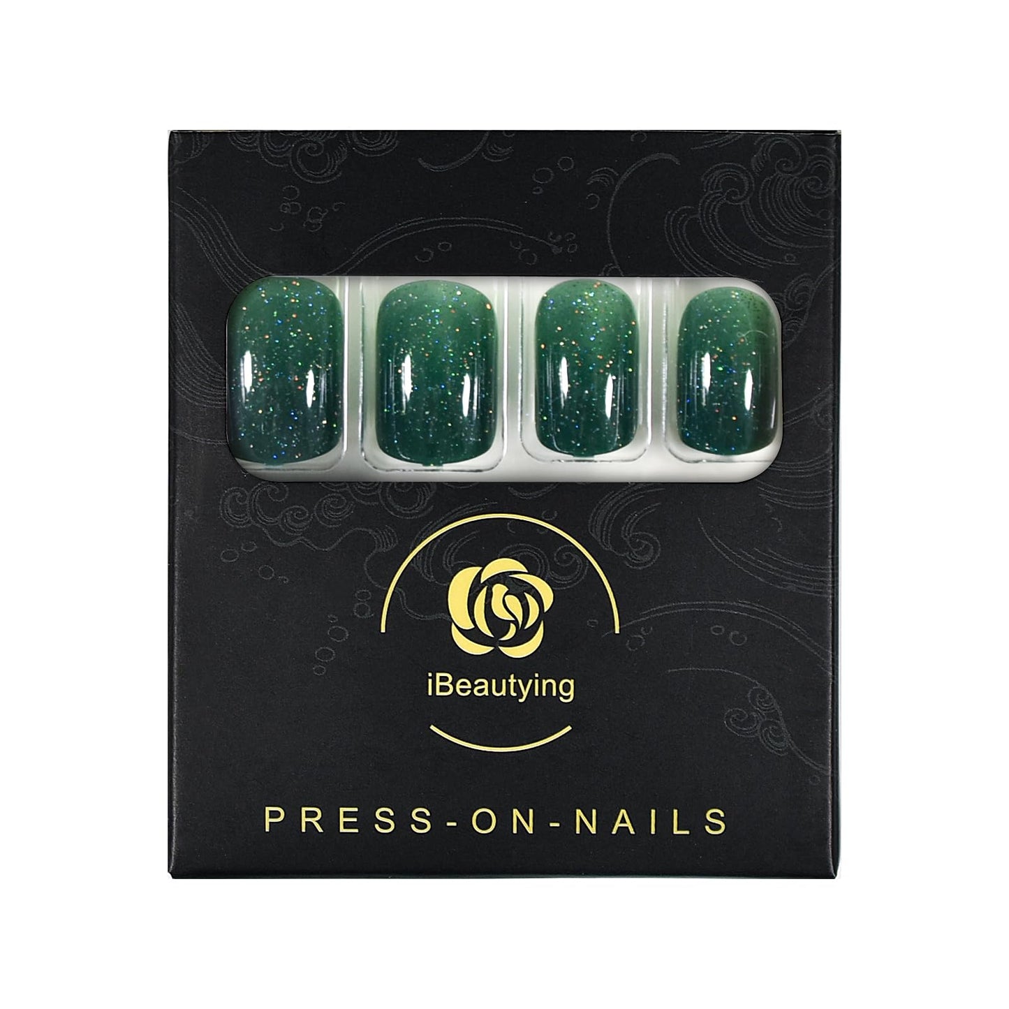 Shiny Glitter Dark Bottle Green Press on Nails - iBeautying False Nails - Glossy Finish Finger Daily Wear Nail - Medium-short Square Acrylic Reusable Fake Nails 24pcs