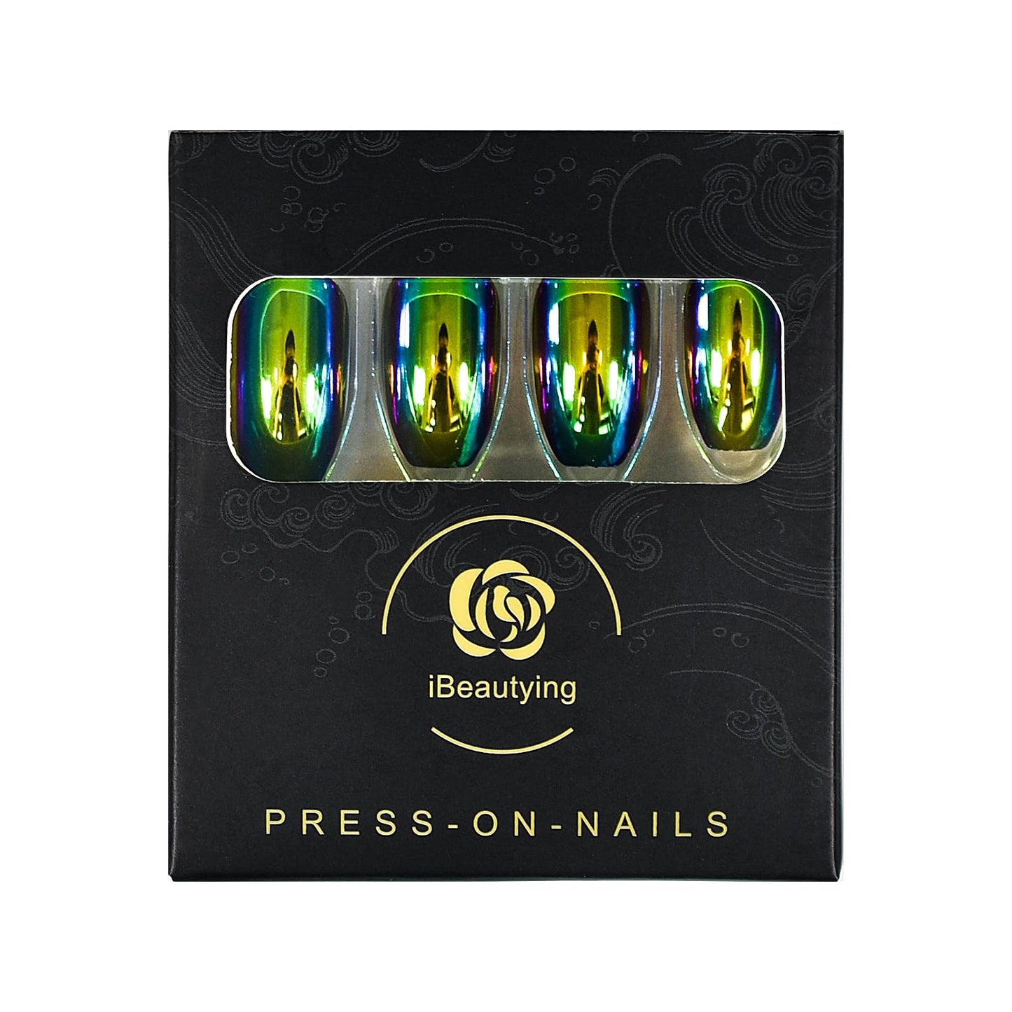 iBeautying Press on Nails - Chrome Magic Mirror Effect Green Purple Holo False Nails | Metallic Punk Medium Coffin Reusable Wear Fake Nails in 10 Sizes - 24 Nail Kit with Jelly Glue Pad
