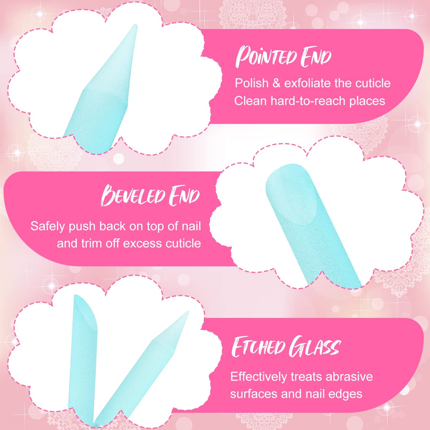 12 Pieces Glass Cuticle Pusher Crystal Double Sided Cuticle Trimmer Manicure File Glass Cuticle Stick Precision Filling Remover Tool Buffer for Women Salon Home Use, 6 Colors