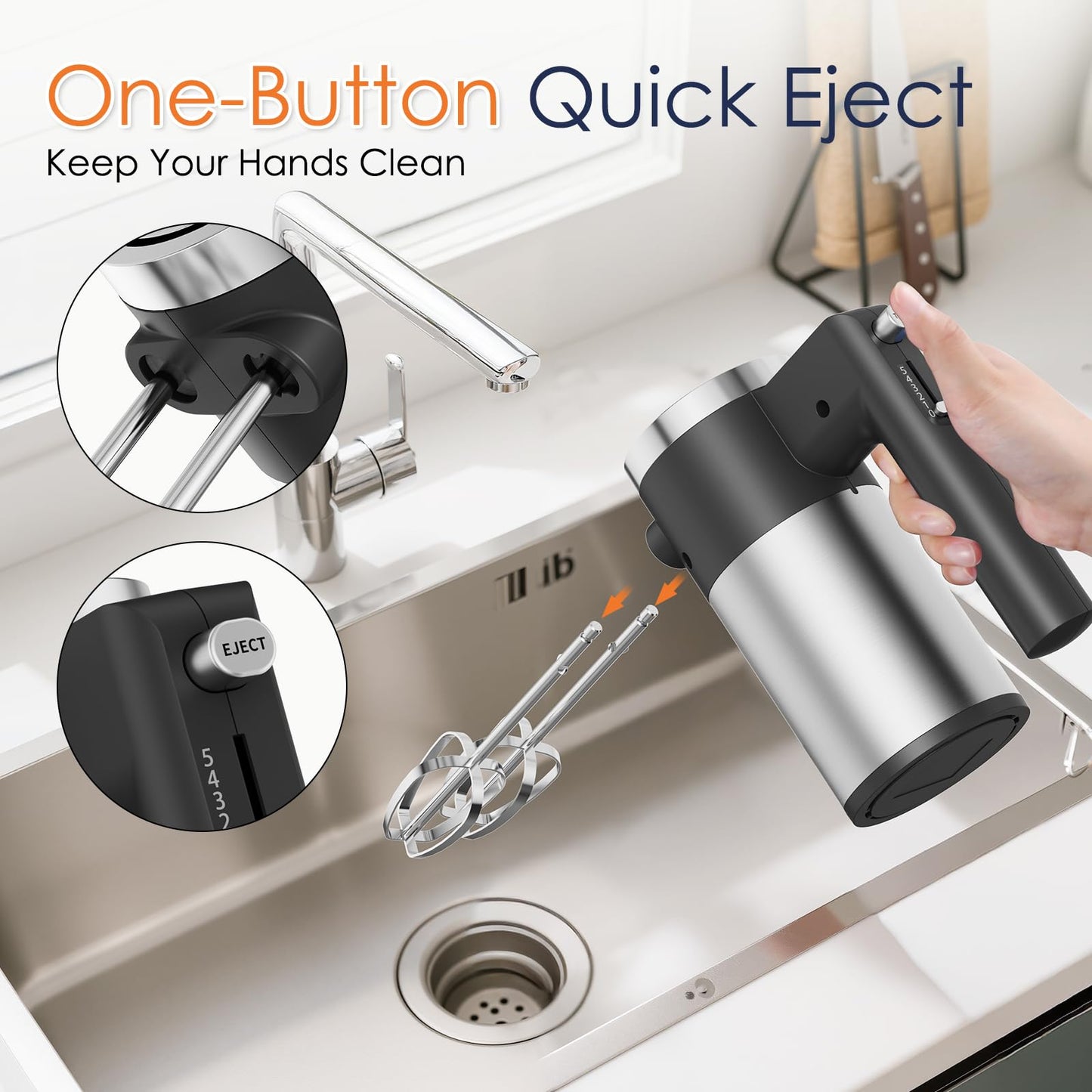 Powerful 600W Hand Mixer, 5-Speed Electric Hand Held Mixer for Baking, Lightweight Stainless Steel Hand Beaters *2 & Dough Hooks*2 with Eject Button, Kitchen Mixer for Cream, Cookies, Dough-Black