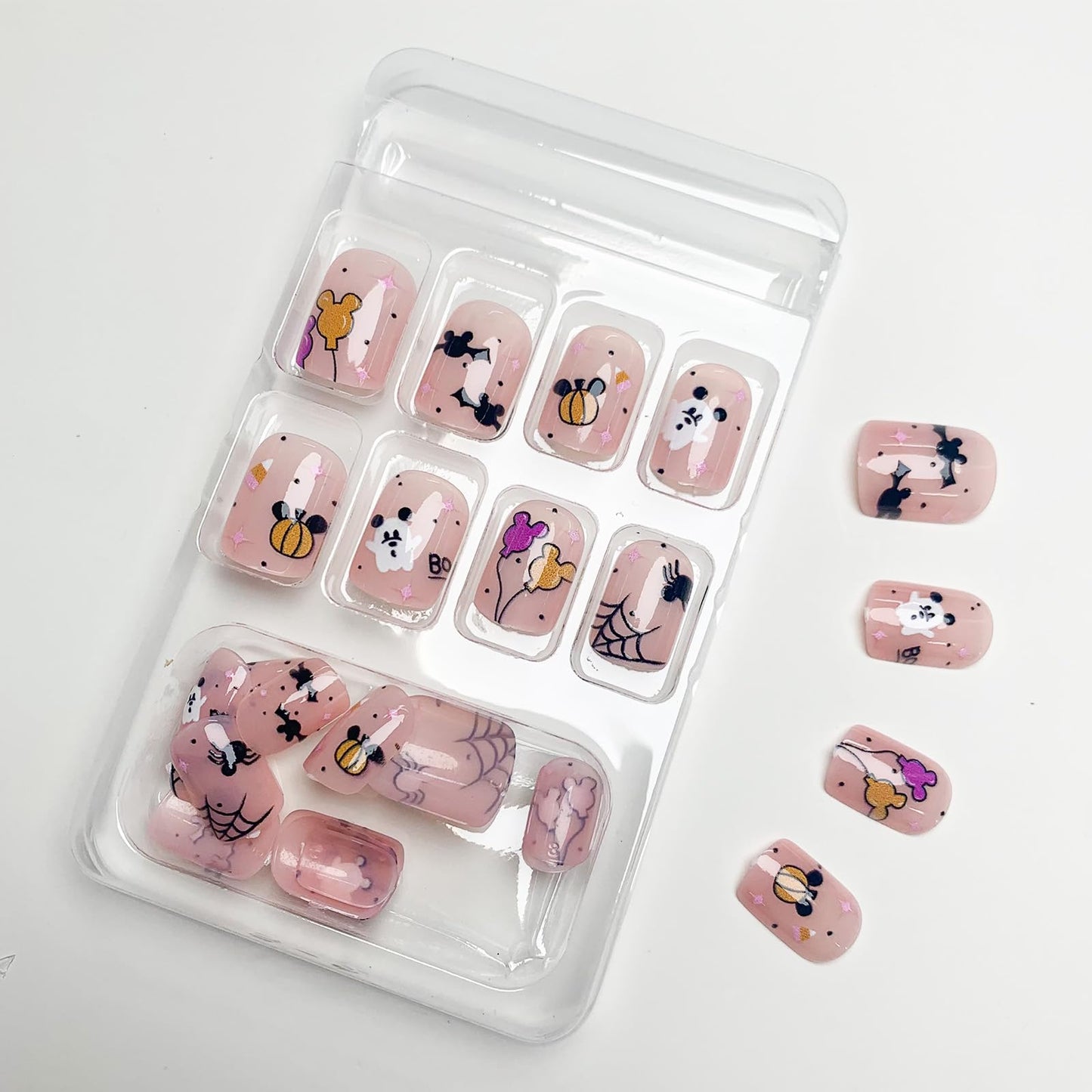 Halloween Press on Nails Short Round Fake Nails Cute Pink Acrylic Nails with Designs Ghost Spider Web False Nails Press ons Oval Glossy Glue on Nail for Women Girls 24Pcs