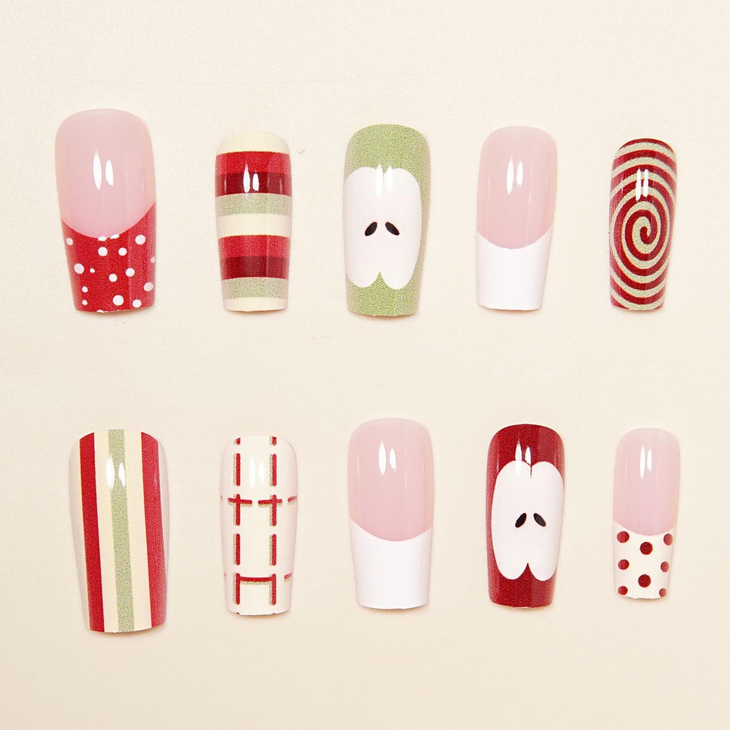 MISUD Press on Nails - Long Square Fake Nails with Red Green Apple, Acrylic Stripe French Tip Design 24 pcs
