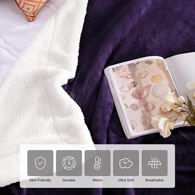 IR Imperial Rooms Sherpa Blankets Queen Size - Thick and Warm Blankets for Winter, Reversible Soft and Fuzzy Fluffy Queen Size Blanket for Bed, Purple, 90x90 Inches