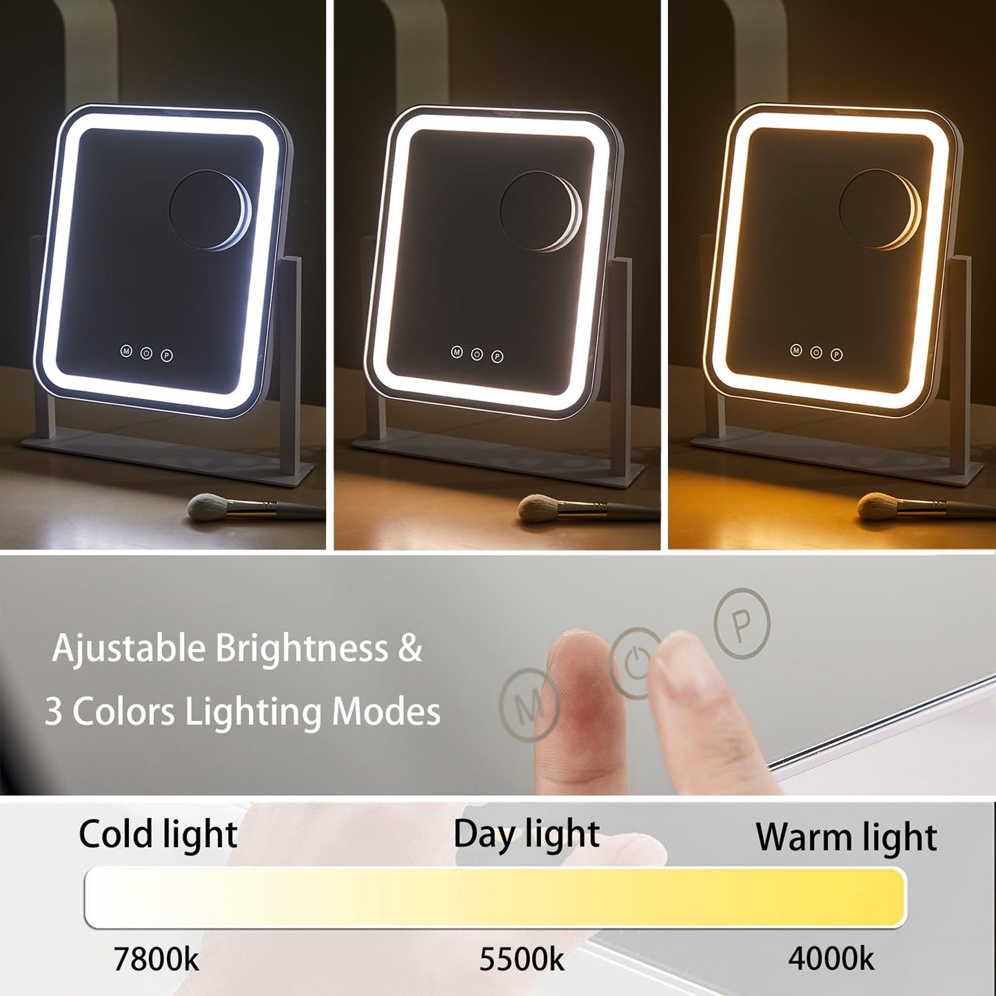 HIEEY Vanity Mirror with Lights, 14.1" x 12" Makeup Mirror with Lights, Three Color Lighting Modes, and 5X Magnification Mirror, Smart Touch Control, 360°Rotation (White,Gift Box)