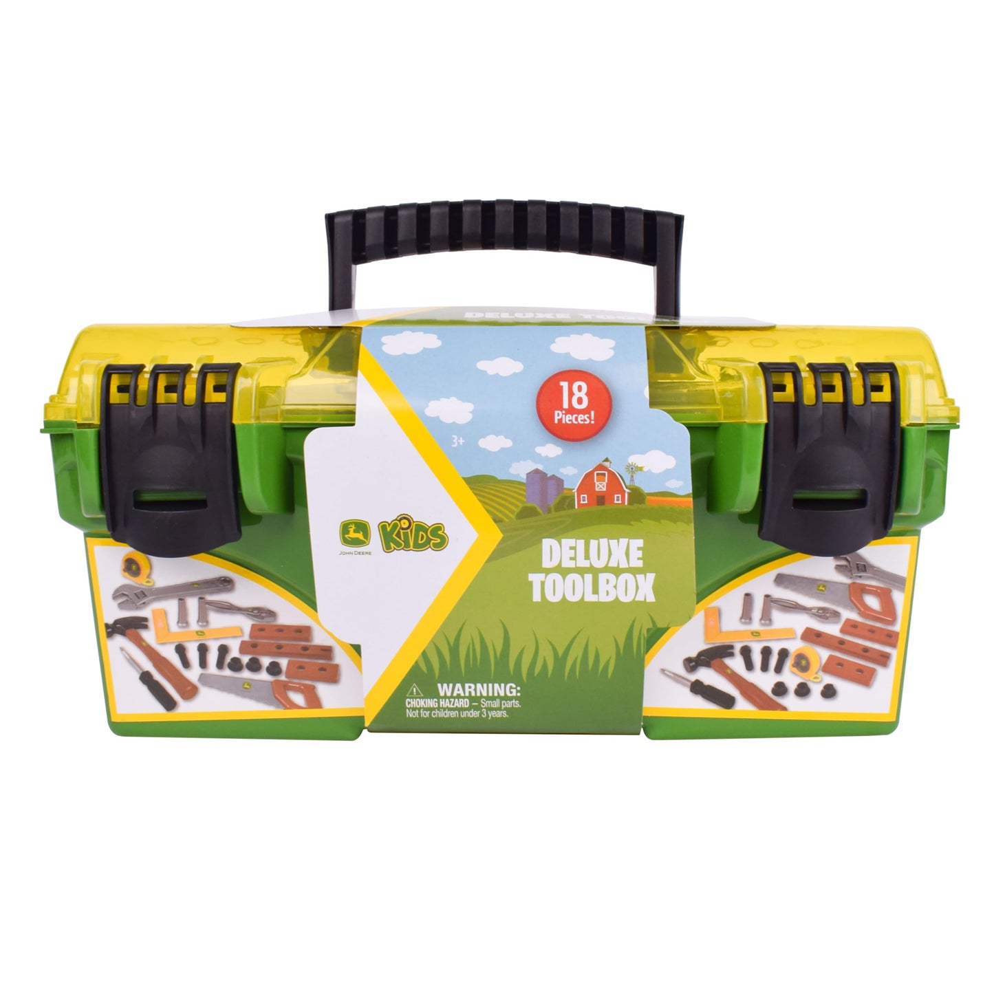 John Deere 18 Piece Deluxe Tool Box, Construction Playset with Tape Measure and Tools, Interactive Building Toys, Preschool Toys for Boys and Girls