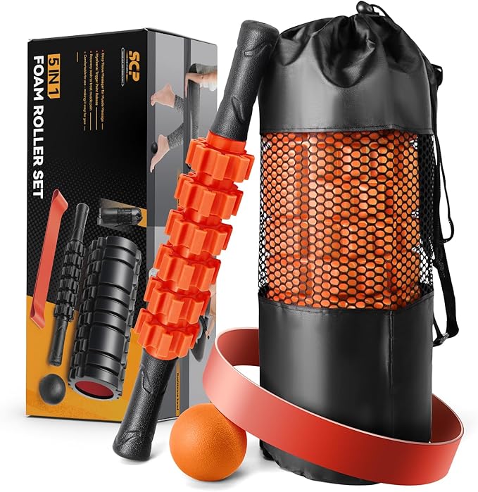 5 in1 Foam Roller Set, Trigger Point Foam Roller, Massage Roller Stick, Massage Ball, Resistance Band for Deep Muscle Massage Pilates Yoga,Fitness Exercise for Whole Body (Orange-Black)