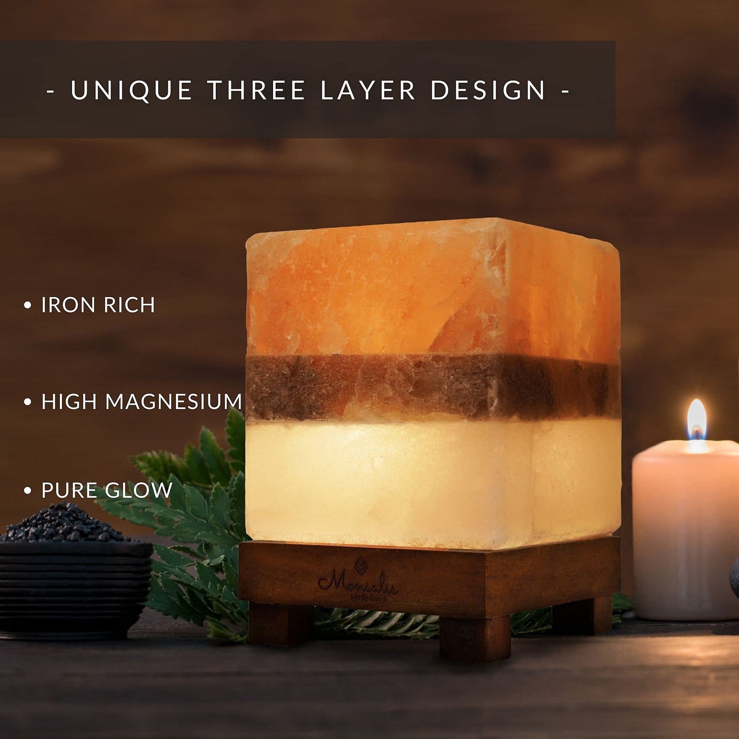 MONSALIS Dual Illumination Salt Rock lamp - Modern Square Pink White and Grey Design of Salt Lamps with dimmer, Adjustable Glow. 100% Real Large Himalayan Crystal Salt Night Light