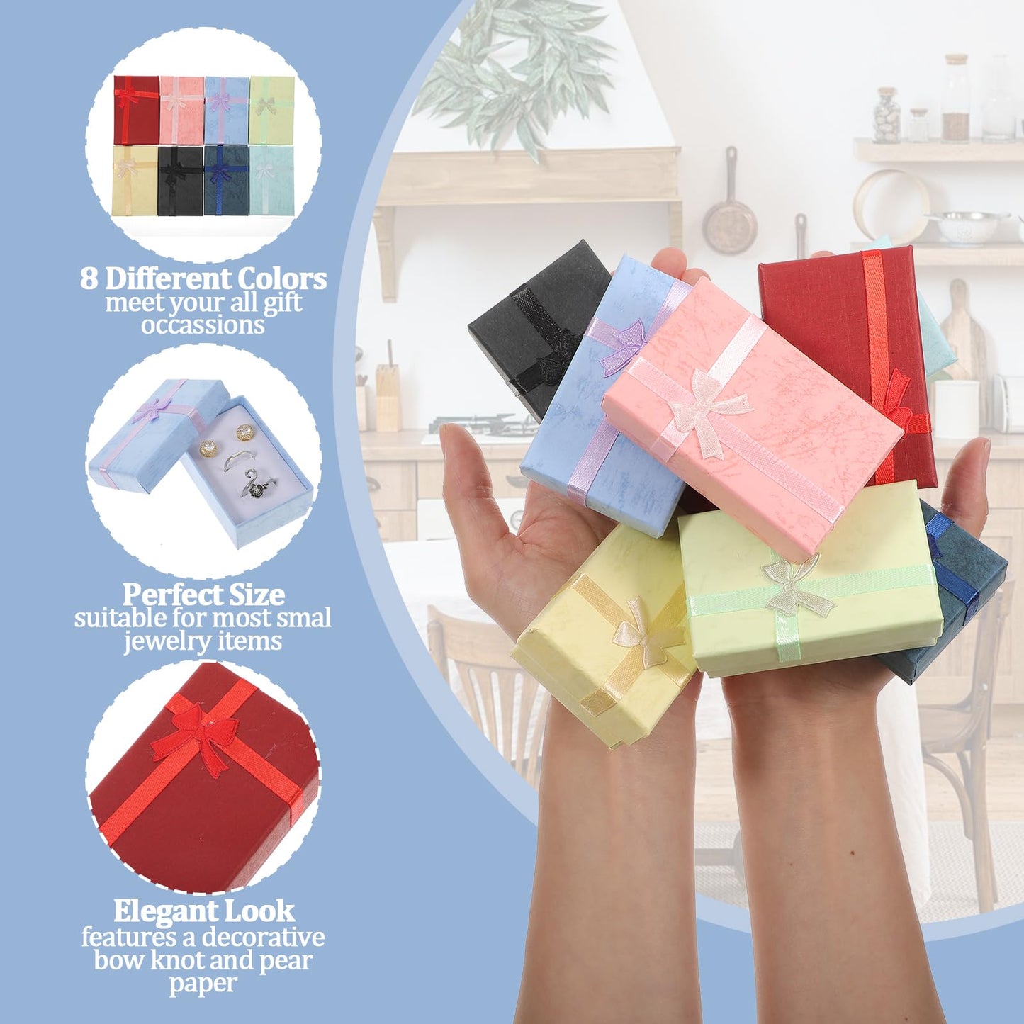 zisiueel 96 Pcs Jewelry Gift Boxes Set Empty Small Gift Cardboard Boxes for Jewelry Packaging with Ribbon Bowknot for Anniversaries Weddings Birthday, 8 Colors