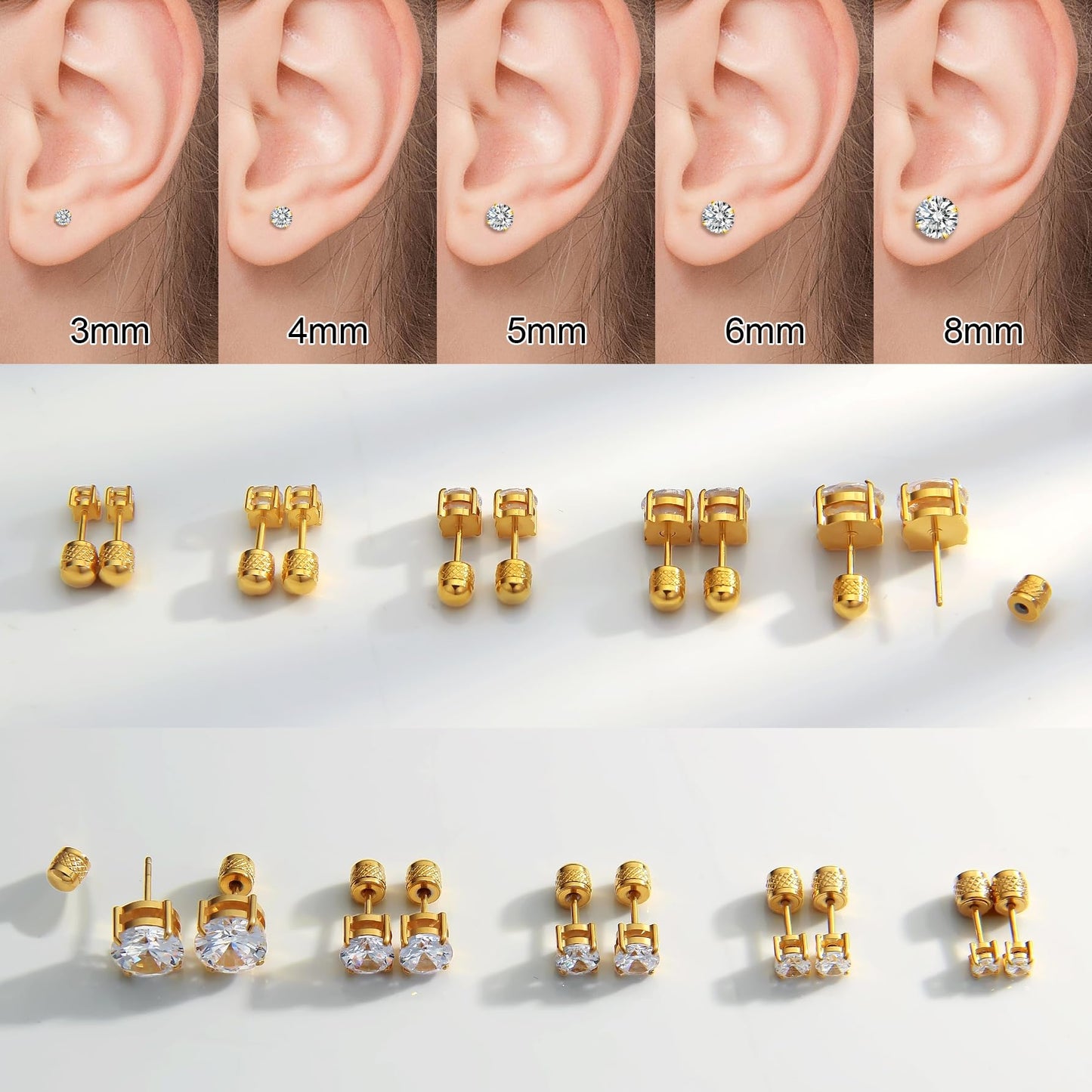 Hypoallergenic Threadless Flat Back Earrings,1 Pairs Cartilage Stud for Women Men Titanium Post 20G None Screw Easy Push in Gold Black Silver Stainless Steel Flatback with CZ 3-8mm (Gold Stud, 6mm)