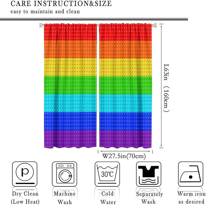 Colorful Building Block Toy Curtain Rod Pocket Children's Nursery Rainbow Contour Plastic Toy Brick Geometric Print Pattern Curtain Boys Girls Bedroom Playroom 2 Panels 55x63in