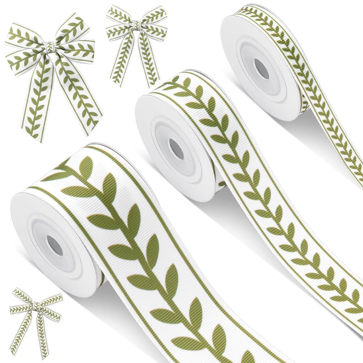 Cunno 3 Rolls Leaf Ribbon Decorating Material White Green Jacquard Ribbon Party Accessory for Curtain Home Decor Sewing DIY Gift Wrapping Crafts, 0.4, 0.87, 1.5 Inch Wide, 15 Yard