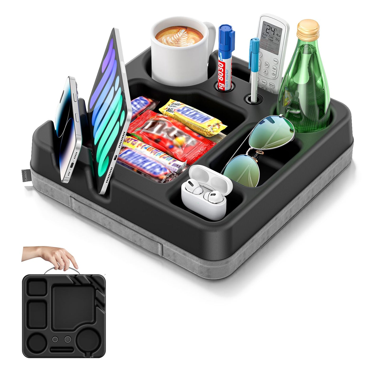 Couch Cup Holder Tray Couch Cup Holder Pillow Bed Tray Snack Sofa Bed Caddy Organizer Beach Sofa Drink Holder Anti-Spill Portable Snack Caddy Couch Remote Holder for Phone Pad Kindle Beverage Black