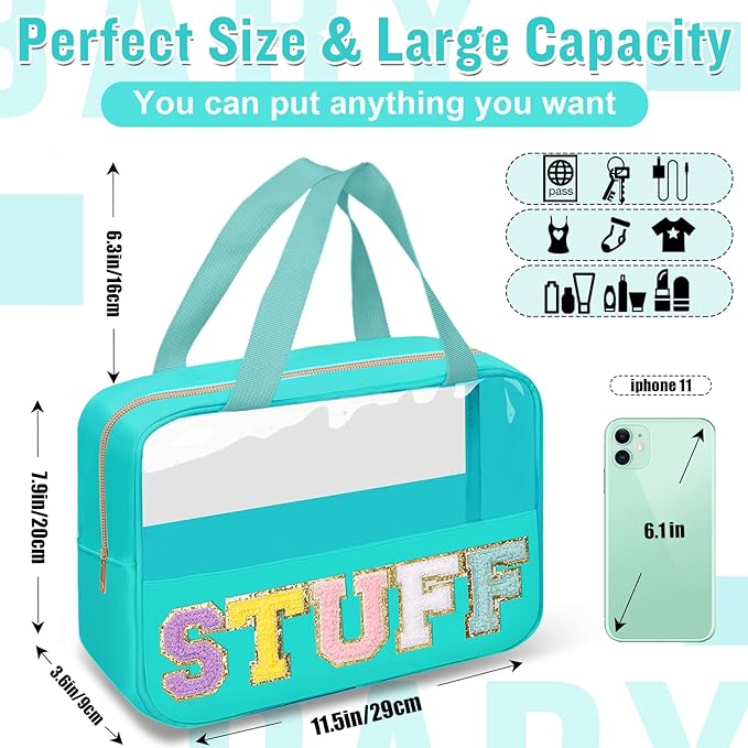 Preppy Clear Stuff Makeup Bags with Chenille Letter Patches, Travel Essentials Large Clear Make up Bag Zipper Pouch with Handle, Waterproof Nylon Cosmetic Toiletry Storage Tote for Women (STUFF-Green)