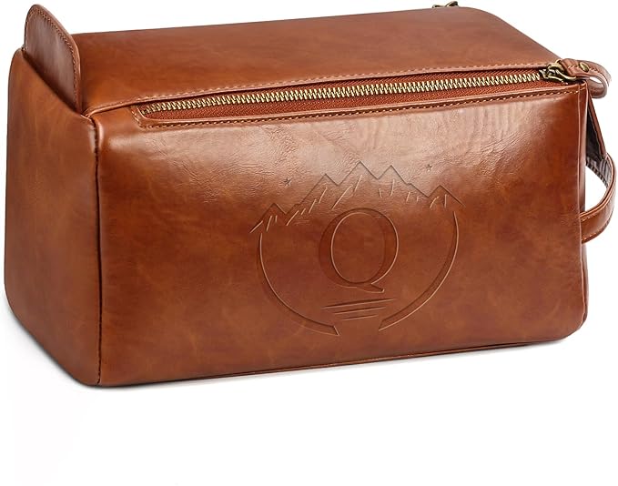 Personalized Toiletry Bag for Men,Initial Mens Toiletry Bags for Traveling,Men Travel Toiletries Bag,PU Leather Shaving Bag for Toiletries Accessories kit,Brown Q
