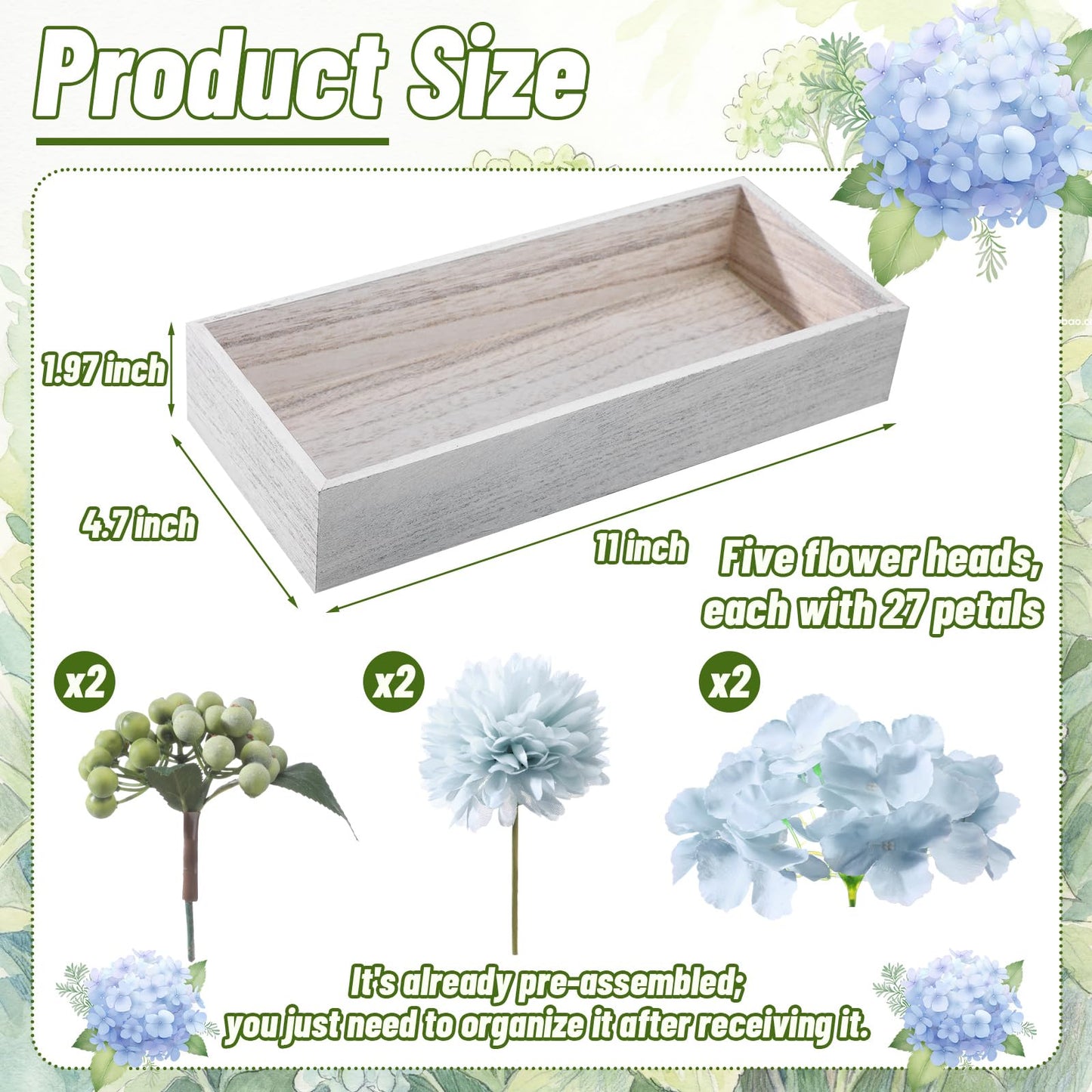 AceOrbit Blue Hydrangea Artificial Flowers with Wooden Box Table Centerpiece Decorations Fake Flowers Arrangement with Green Berries for Dining Room Home Table Bathroom Shelf Spring Easter Decoration