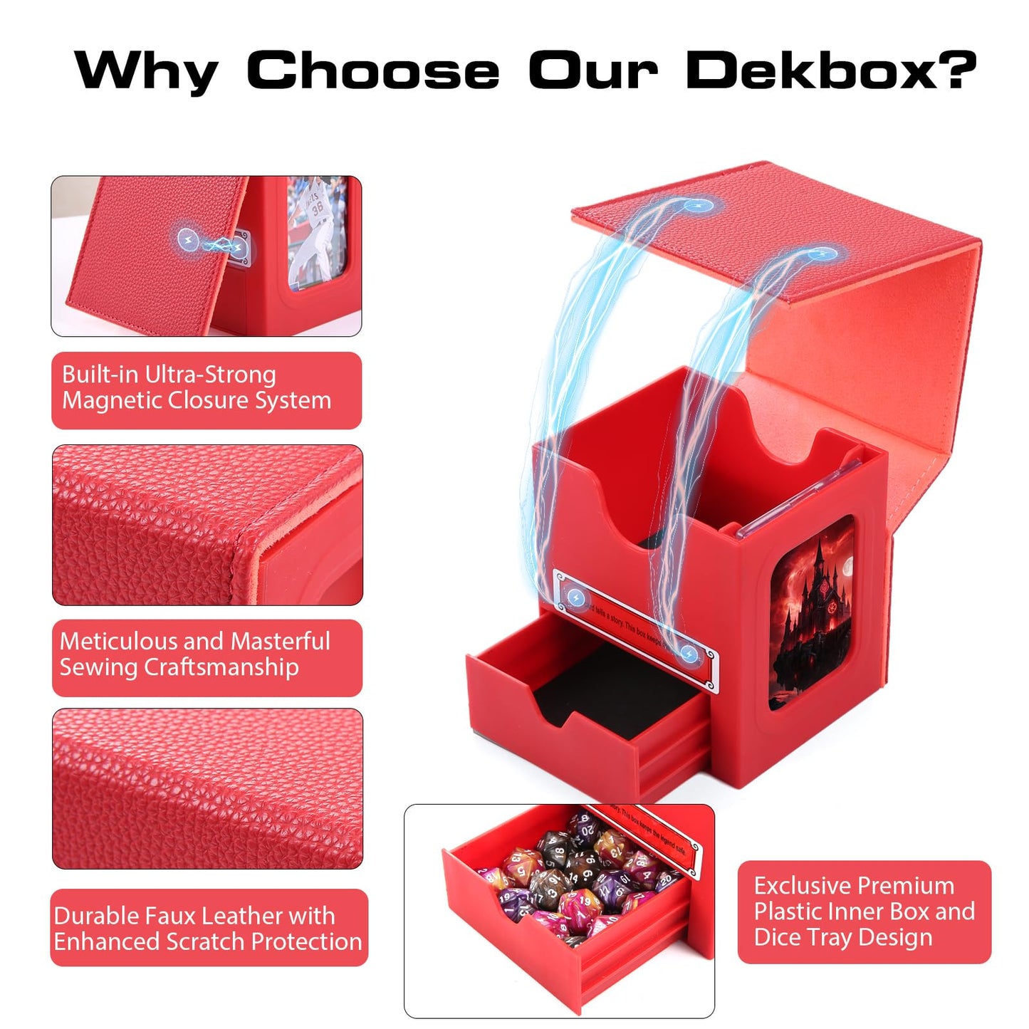 MAKHISTORY Patented MTG Commander DekBox, 100+ Double Sleeved Card Storage Box with Dice Tray, 35pt Card Holder & 2 Dividers - Magnetic Deck Case for TCG/CCG/Magic/Sports Cards, Red