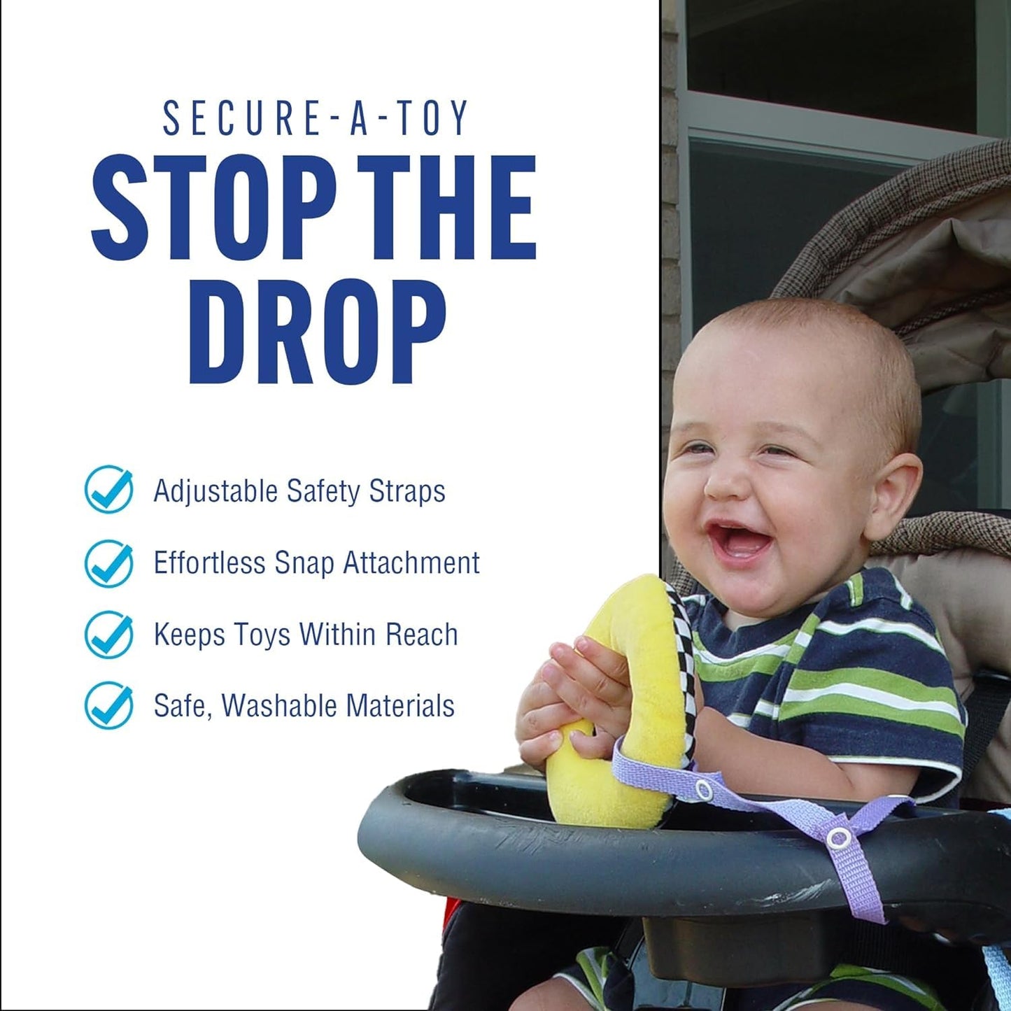 Baby Buddy Secure-A-Toy, Safety Strap Secures Toys, Teether, Pacifiers to Strollers, Highchairs, Car Seats, Adjustable, Keep Toys Sanitary, Registry Must Haves, Boys Colors (Colors May Vary), 4 Count