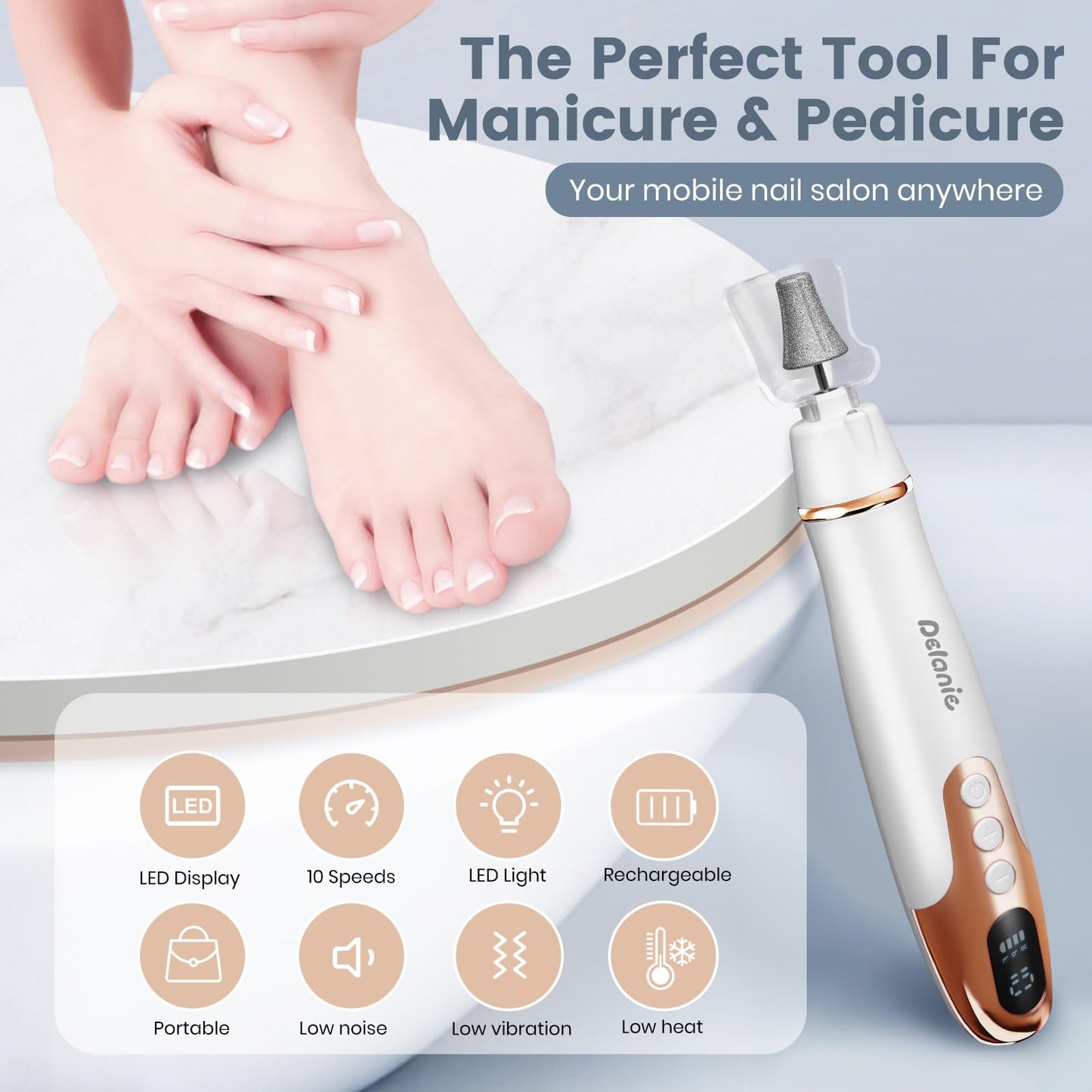Delanie Electric Nail File for Thick Toe Nails, Cordless Nail Drill Efile, Portable Manicure Pedicure Kit for Nails Acrylic, 10 Speeds Pedicure Tools for Feet Callus Remover