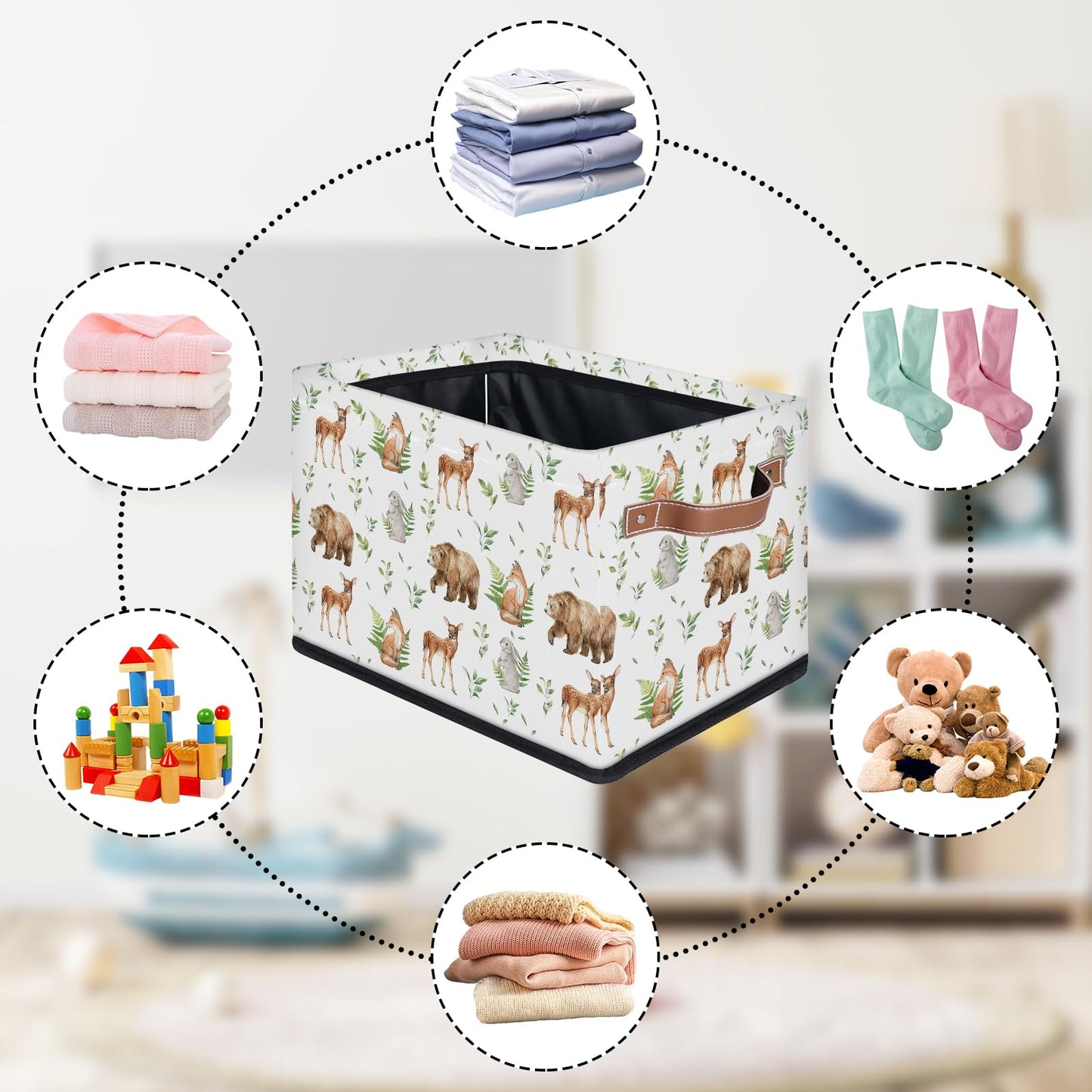 Rectangular Kids Bear Storage Basket Bins - Waterproof Foldable Woodland Animals Storage Box with Sturdy Metal Frame and Handles, Collapsible Organizer for Toys, Blankets in Kids Room Playroom Nursery