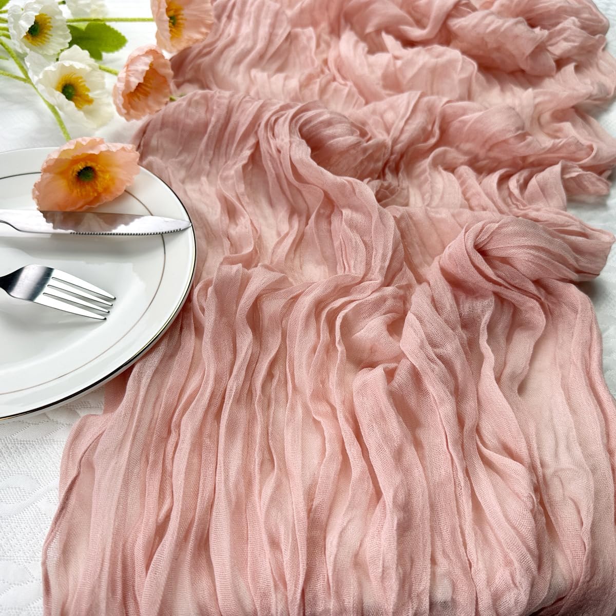 Booque Valley 6 Pack Dusty Pink Cheesecloth Table Runner 10ft Super Soft Boho Wrinkled Gauze Sheer Cloth for Baby Shower Baptism Birthday Party Wedding Centerpiece Table Decoration, 35x120 Inch