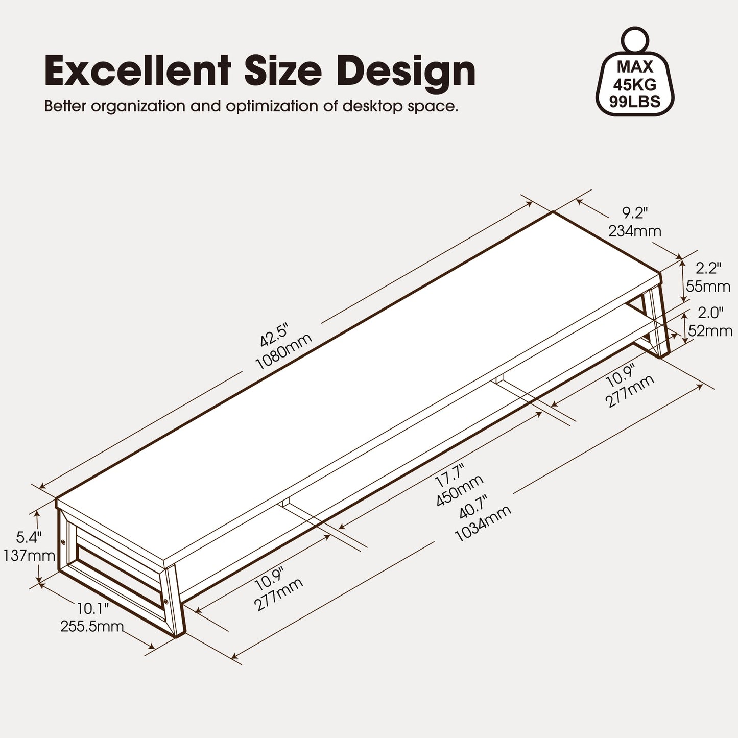 Fenge Dual Monitor Stand for Desk, 42.5in Large Monitor Riser for 2 Monitors, 2 Tier Computer Office Desk Top Shelf, Desktop Storage Stand for Laptop, PC, Computer, Printer