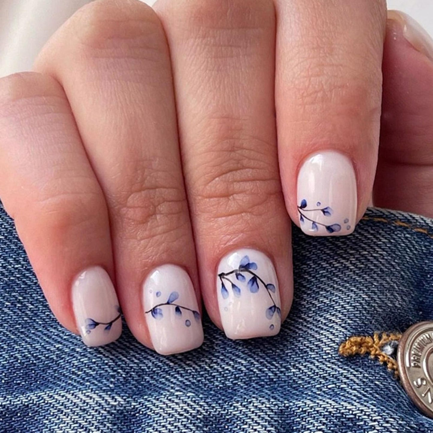 Short Press Cute Acrylic Nails - Glossy Glue on False Nails with Blue Floral Bud Designs - 24 Pcs