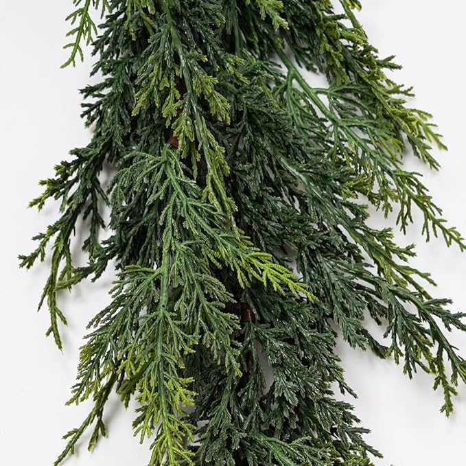 Christmas Cedar Garland,1Pcs 6ft Real Touch Cedar Pine Garland for Mantle Fireplace Outdoor Indoor Christmas Decorations