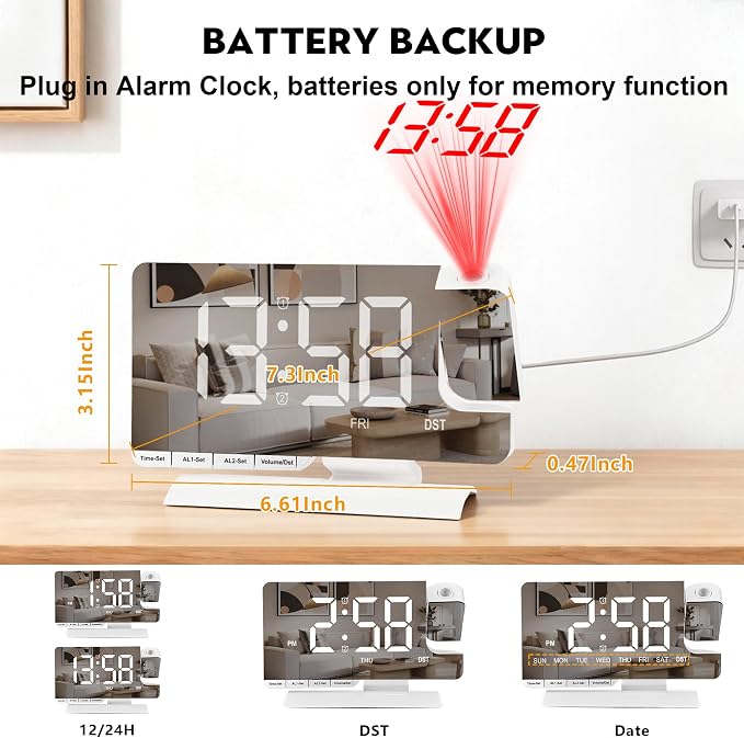 SZELAM Digital Clock,Alarm Clock Bedside with Projection,7.3" Mirror Clock with 180°Rotating Projector,Dual Alarm with 3 Mode,Brightnee Adjust,DST,Snooze,Charging Port,5 Levels Volume for Desk Teens