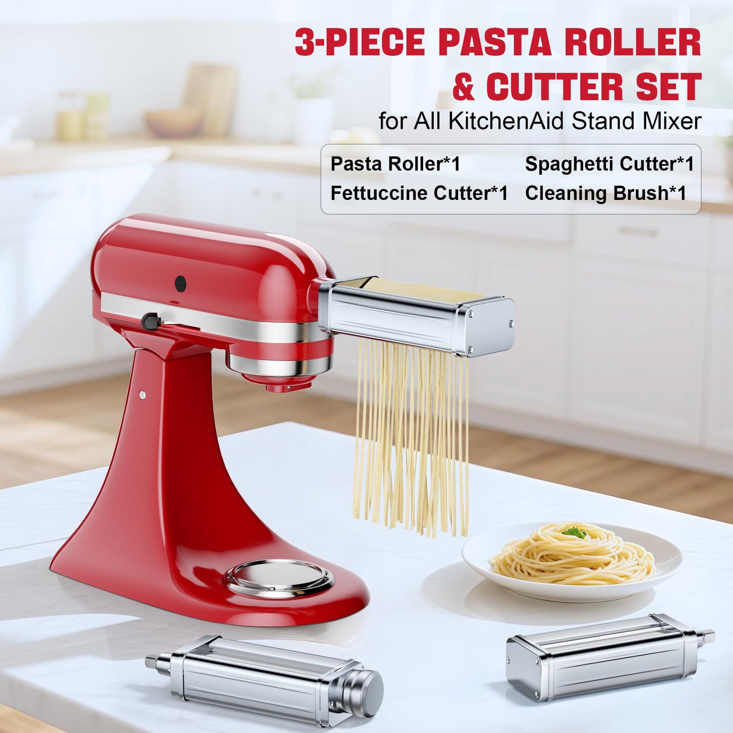 Pasta Maker Attachments Set for all KitchenAid Stand Mixer, including Pasta Sheet Roller, Spaghetti Cutter, Fettuccine Cutter, KSMPRA 3-Piece Pasta Roller & Cutter Set