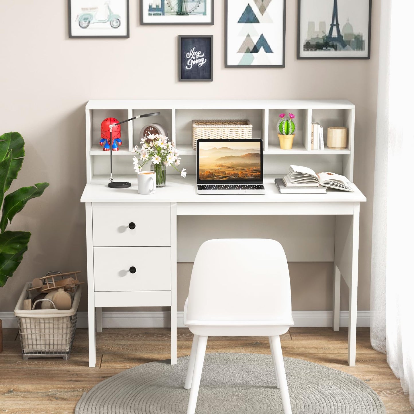 Tangkula White Desk with Drawers & Hutch, Modern Home Office Desk Writing Study Desk with Charging Station, Laptop Desk with 5 Storage Compartments, Computer Workstation Makeup Vanity Desk