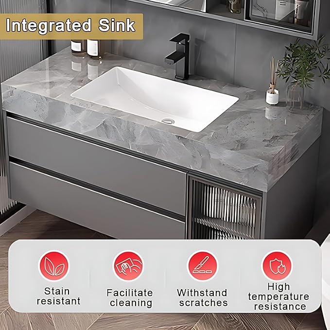 White 44IN Modern Bathroom Vanity - Wall-Mounted Bathroom Storage Cabinet & Bathroom Vanity with Sink, Bathroom Medicine Cabinet Wall Mounted, Defogging & Led Lighting | Bathroom Cabinet Slim