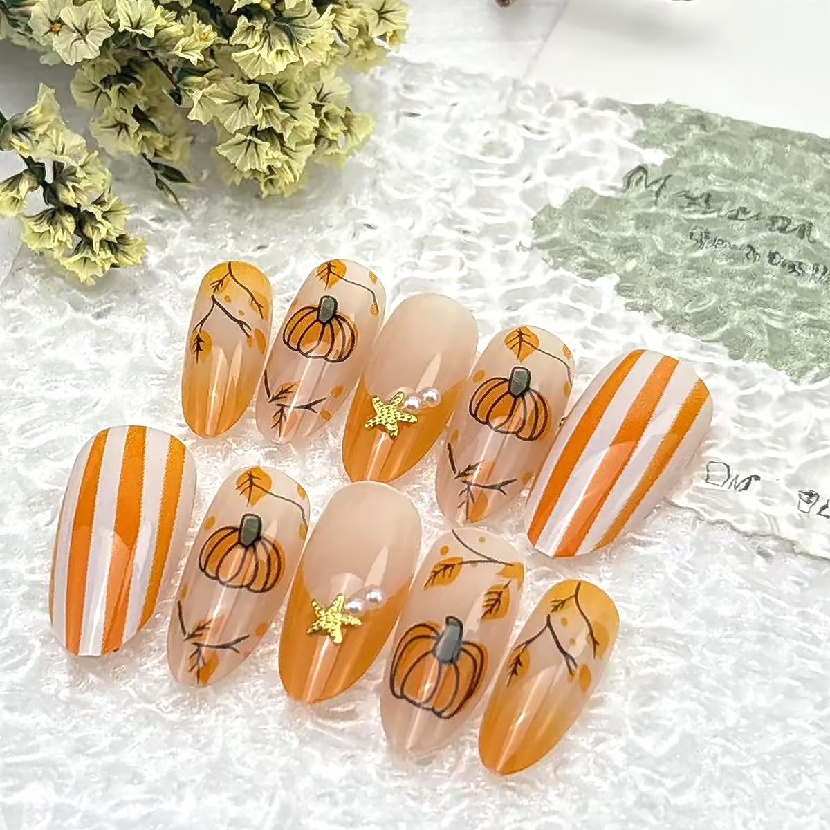 30Pcs Fall Press on Nails Medium Almond French Tip Fake Nails Maple Leaf Pumpkin False Nails with 3D Pearl Design Thanksgiving Orange Glossy Artificial Stick on Nail Full Cover Glue on Nails for Women