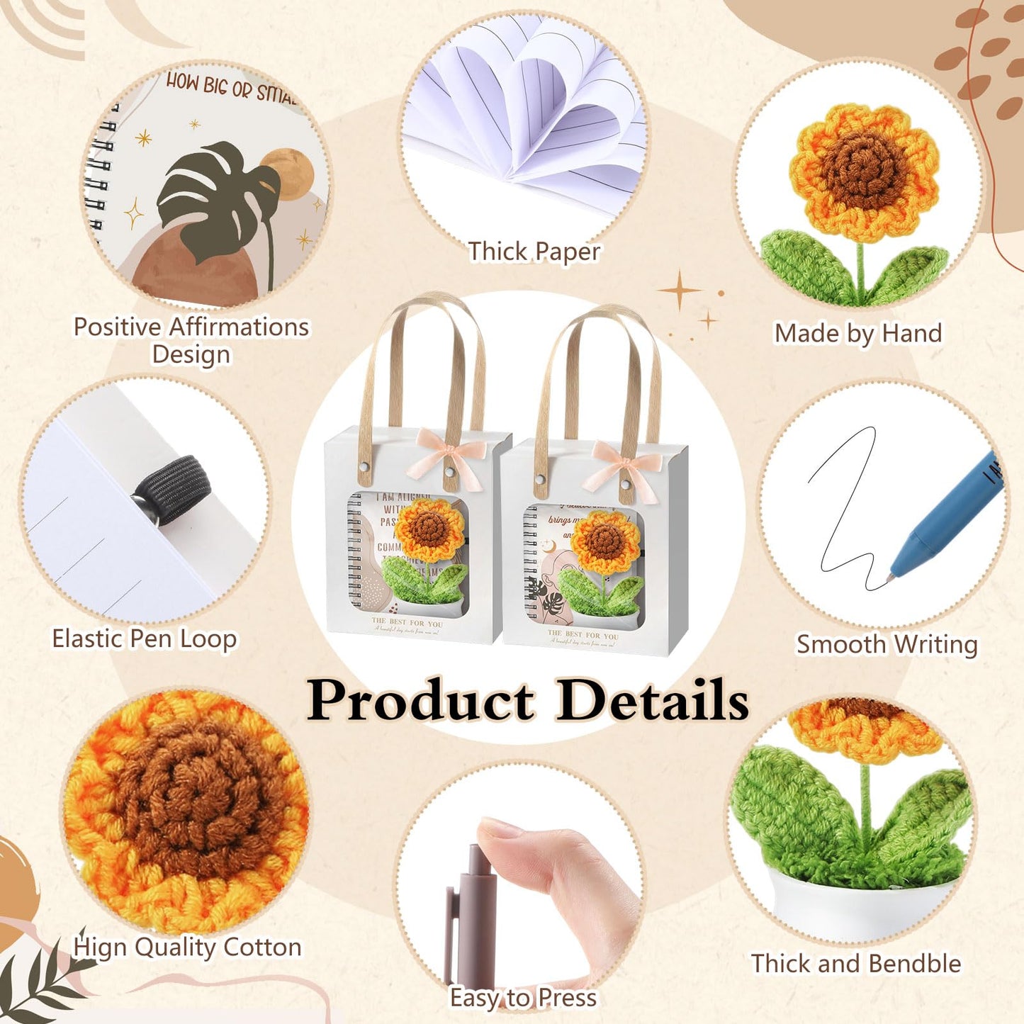 Kosiz 48 Pcs/12 Set Positive Affirmation Gift for Women Boho Positive Notebooks with Ballpoint Pens Motivational Spiral Notepad Inspirational Crochet Sunflower Gift for Mother's Day, Teacher, Coworker